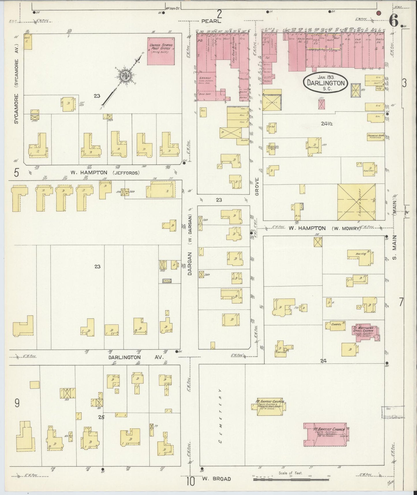 Sanborn Fire Insurance Map from Darlington, Darlington County, South Carolina (1913), Sheet #0006 - Historic Sanborn Fire Insurance Map Print, vintage old map wall art, antique decor, genealogy gift, South Carolina South Carolina map