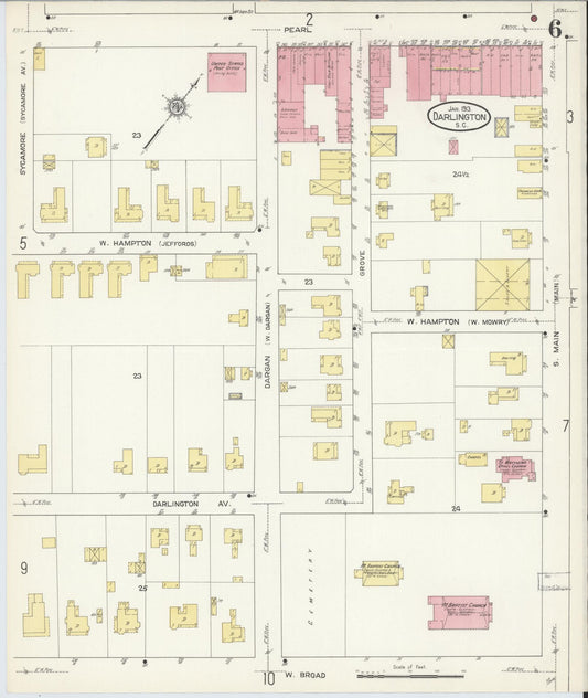 Sanborn Fire Insurance Map from Darlington, Darlington County, South Carolina (1913), Sheet #0006 - Historic Sanborn Fire Insurance Map Print, vintage old map wall art, antique decor, genealogy gift, South Carolina South Carolina map