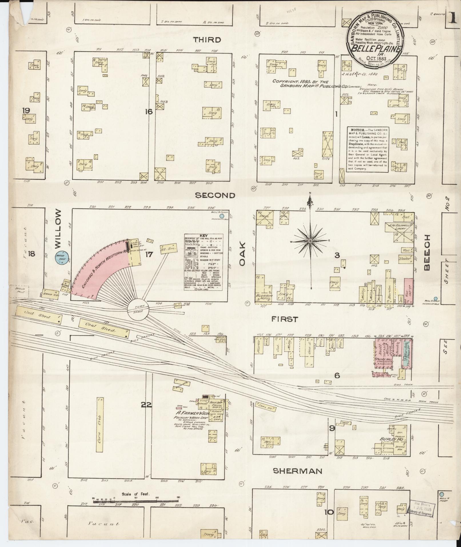 Sanborn Fire Insurance Map from Belle Plaine, Benton County, Iowa (1883), Sheet #0001 - Historic Sanborn Fire Insurance Map Print, vintage old map wall art