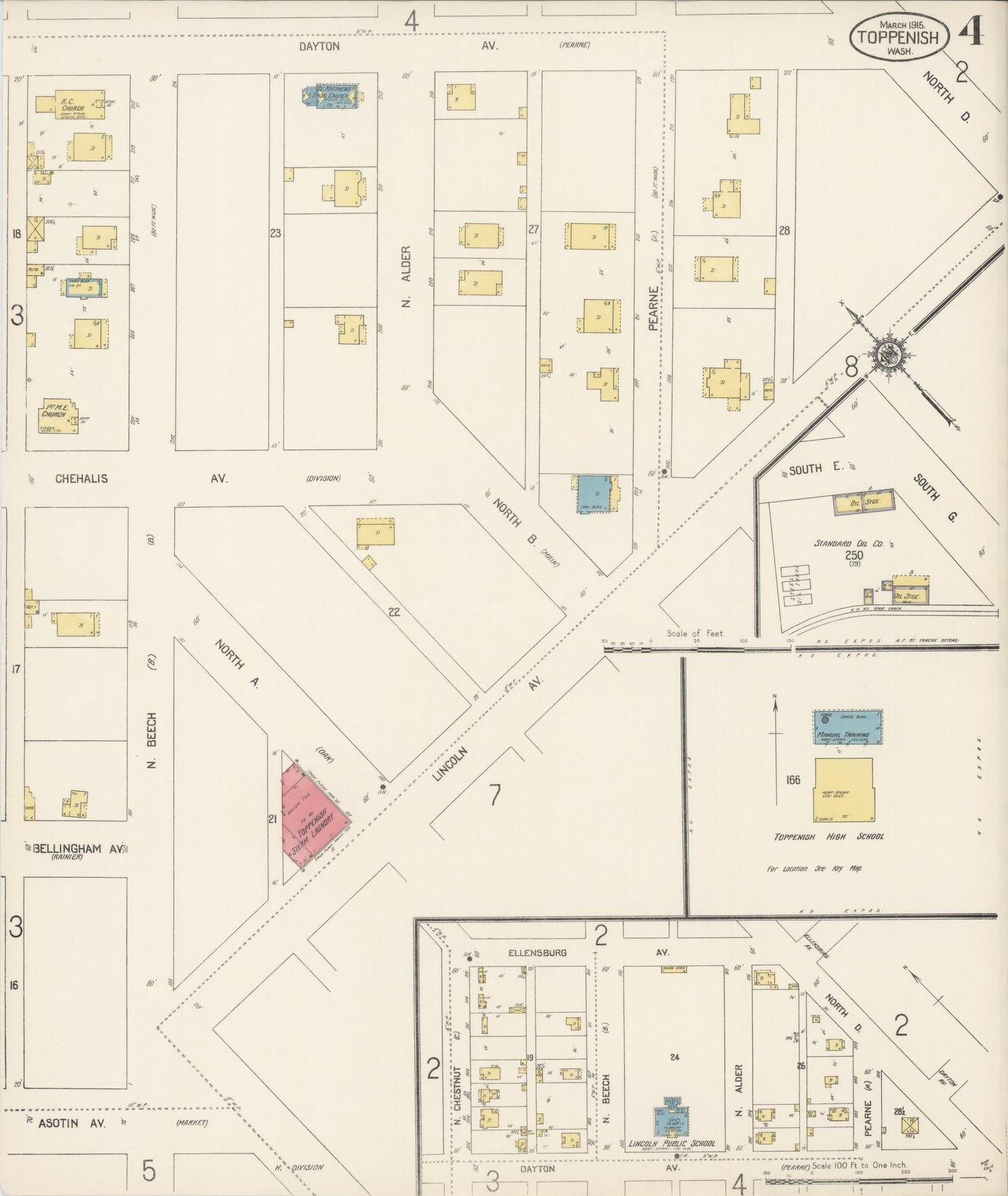Sanborn Fire Insurance Map from Toppenish, Yakima County, Washington (1915), Sheet #0004 - Complete Map Set gallery image, historic Sanborn map, vintage wall art, Washington Washington