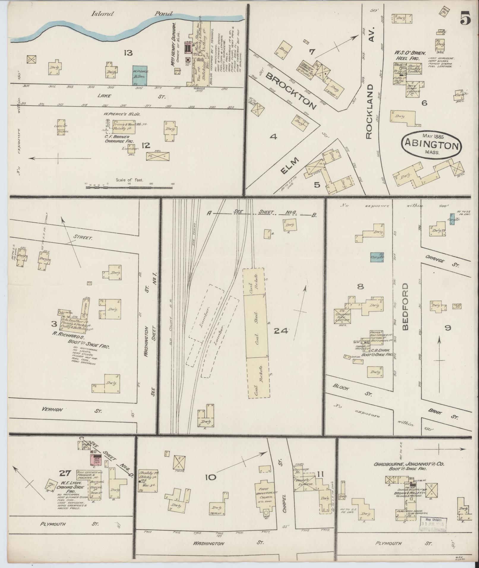 Sanborn Fire Insurance Map from Abington, Plymouth County, Massachusetts (1885), Sheet #0005 - Complete Map Set gallery image, historic Sanborn map, vintage wall art, Massachusetts Massachusetts