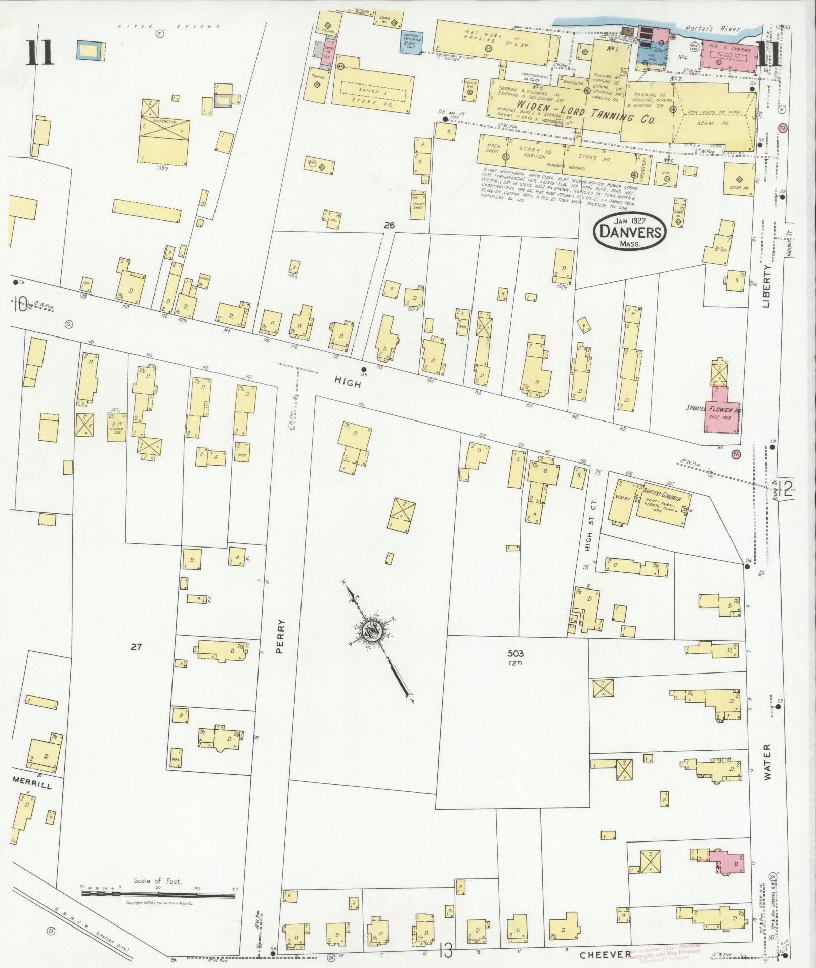 Sanborn Fire Insurance Map from Danvers, Essex County, Massachusetts (1927), Sheet #0011 - Historic Sanborn Fire Insurance Map Print, vintage old map wall art, antique decor, genealogy gift, Massachusetts Massachusetts map