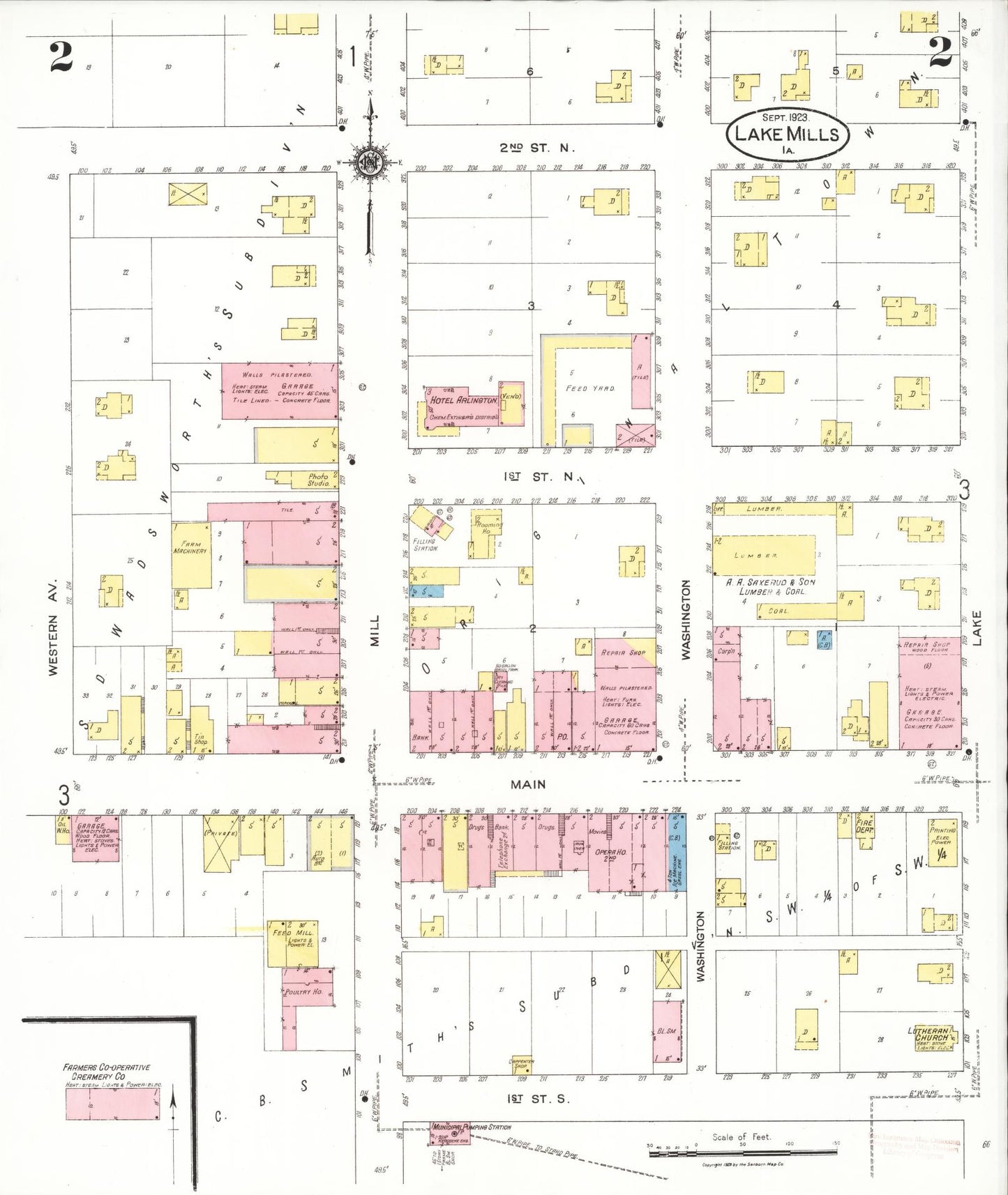 Sanborn Fire Insurance Map from Lake Mills, Winnebago County, Iowa (1923), Sheet #0002 - Historic Sanborn Fire Insurance Map Print, vintage old map wall art
