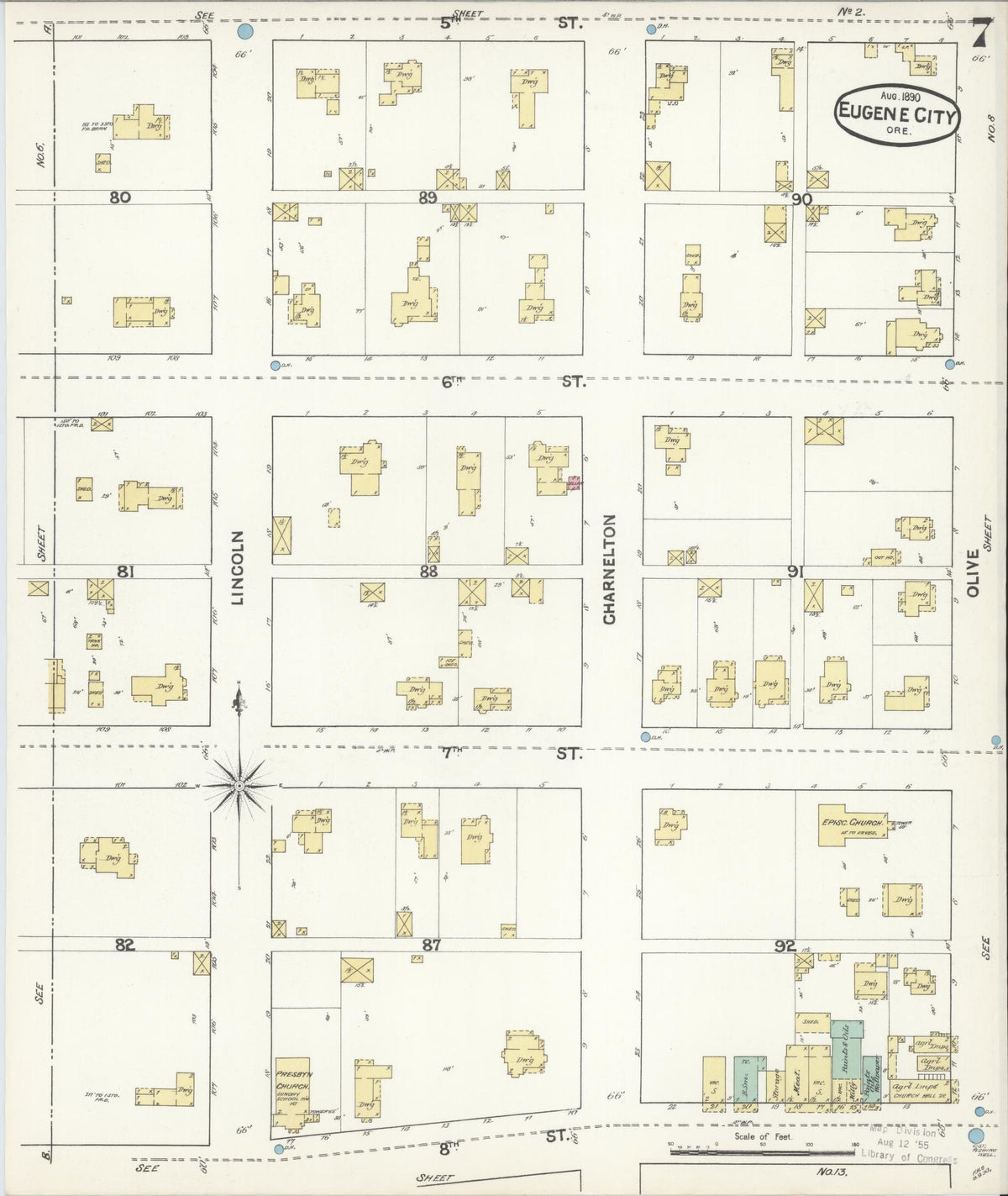 Sanborn Fire Insurance Map from Eugene, Lane County, Oregon (1890), Sheet #0007 - Historic Sanborn Fire Insurance Map Print, vintage old map wall art, antique decor, genealogy gift, Oregon Oregon map
