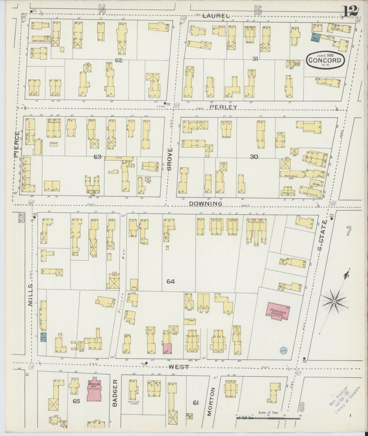 Sanborn Fire Insurance Map from Concord, Merrimack County, New Hampshire (1893), Sheet #0012 - Complete Map Set gallery image, historic Sanborn map, vintage wall art, New Hampshire New Hampshire