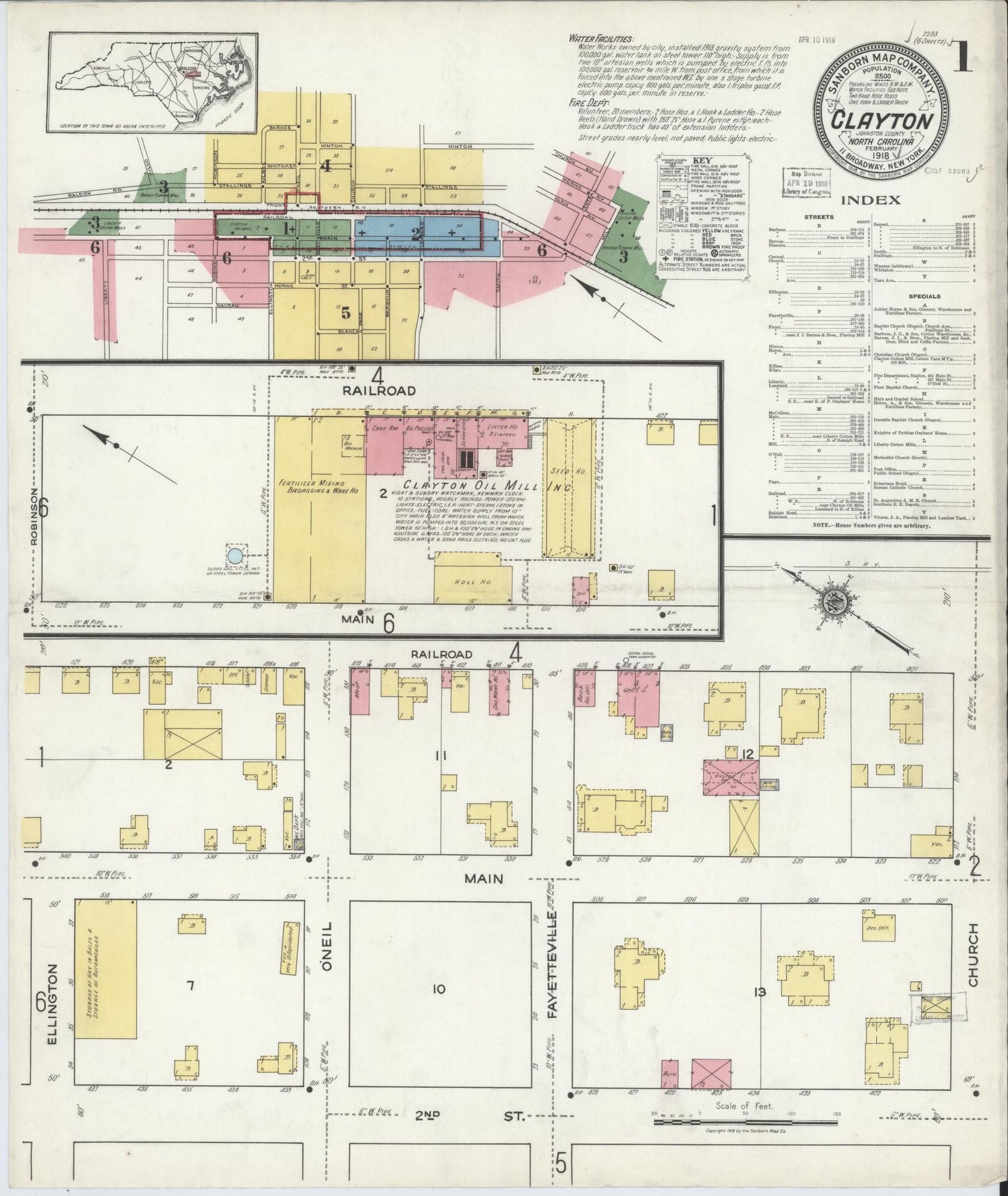 Sanborn Fire Insurance Map from Clayton, Johnston County, North Carolina (1918), Sheet #0001 - Complete Map Set gallery image, historic Sanborn map, vintage wall art, North Carolina North Carolina