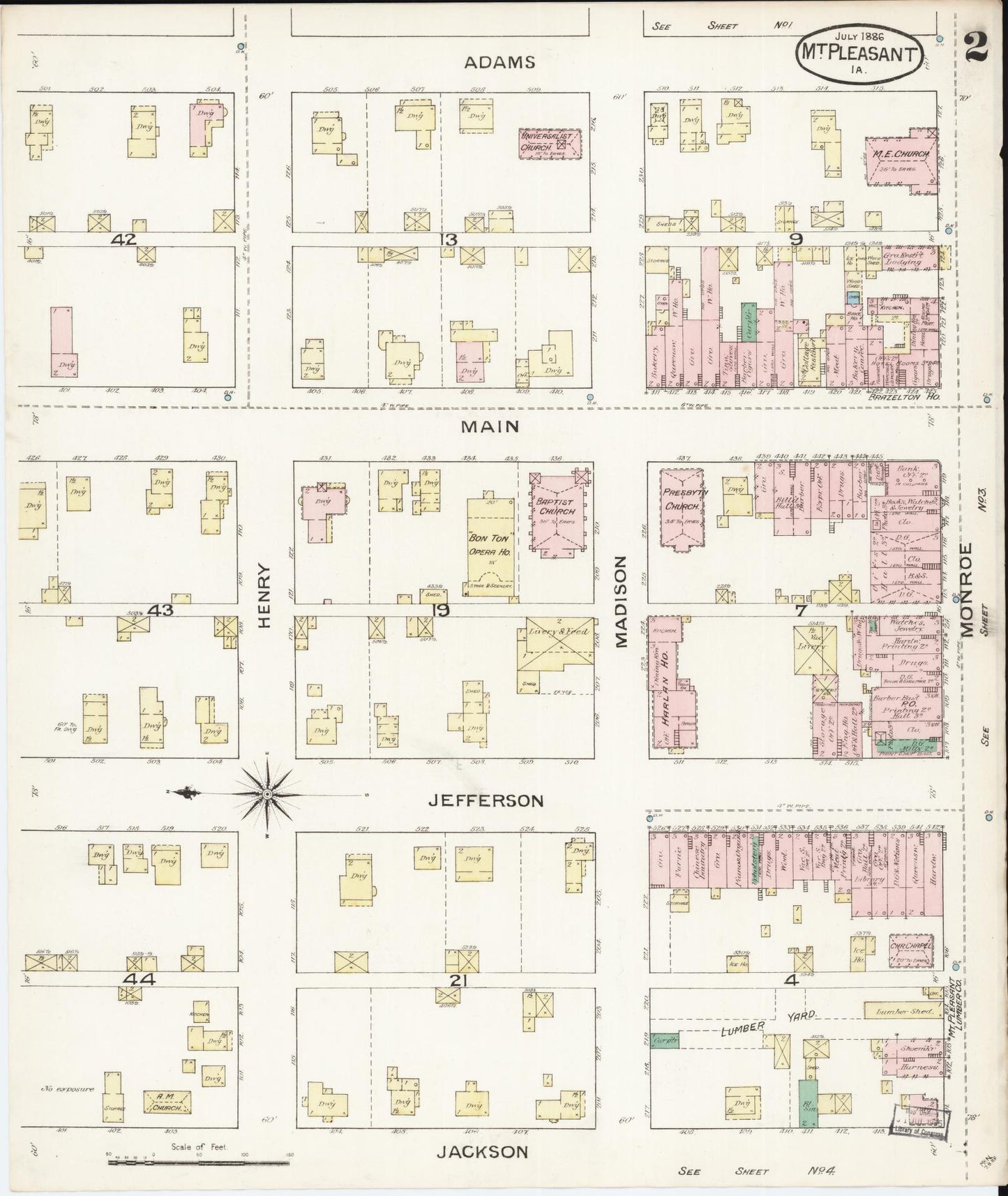 Sanborn Fire Insurance Map from Mount Pleasant, Henry County, Iowa (1886), Sheet #0002 - Historic Sanborn Fire Insurance Map Print