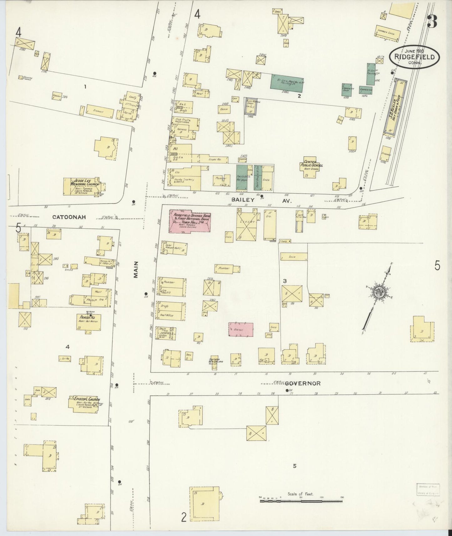 Sanborn Fire Insurance Map from Ridgefield, Fairfield County, Connecticut (1910), Sheet #0003 - Complete Map Set gallery image, historic Sanborn map, vintage wall art, Connecticut Connecticut