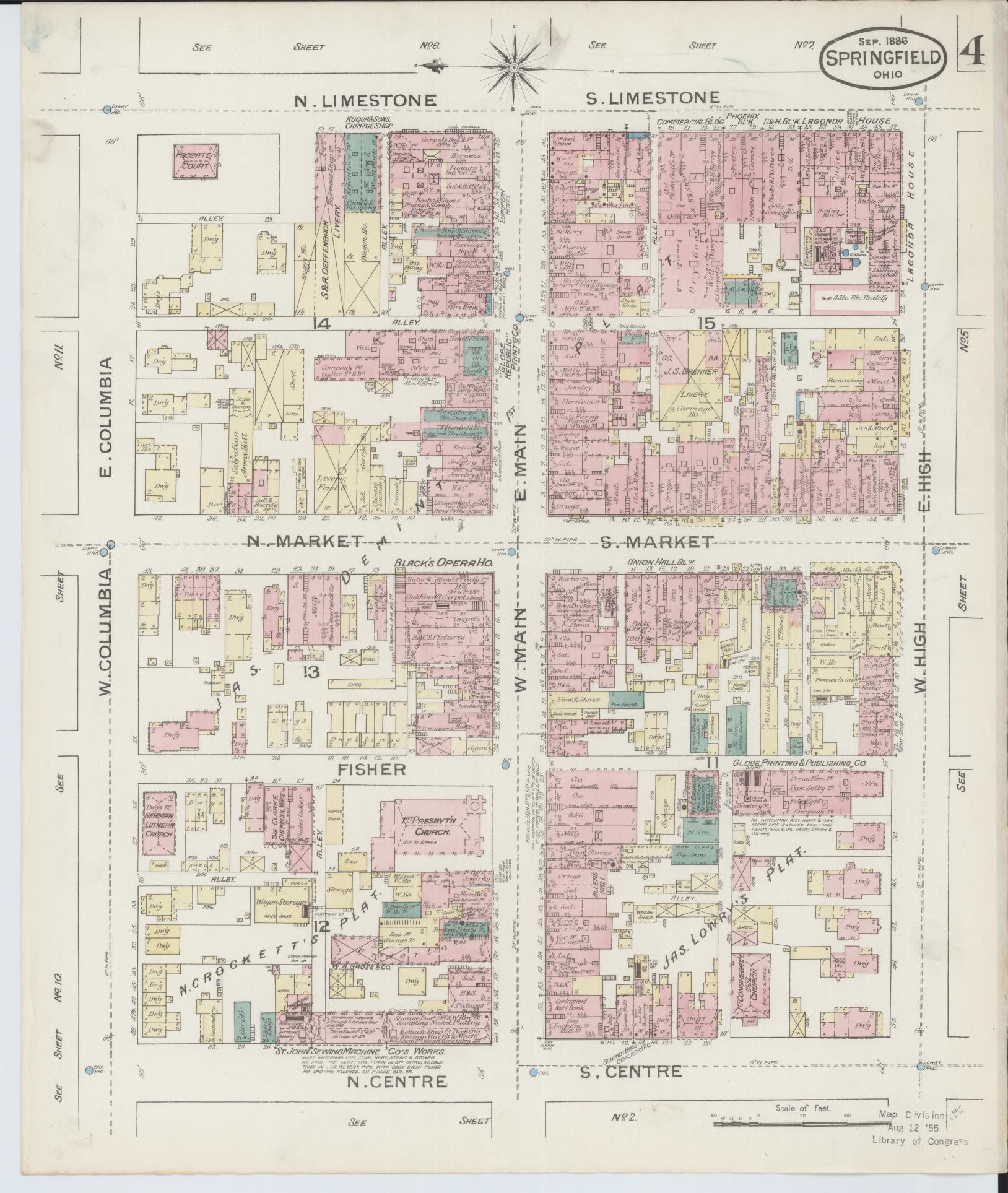 Sanborn Fire Insurance Map from Springfield, Clark County, Ohio (1886), Sheet #0004 - Complete Map Set gallery image, historic Sanborn map, vintage wall art, Ohio Ohio