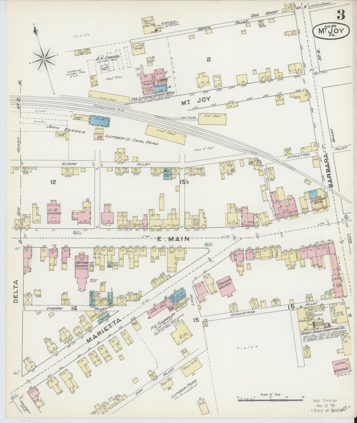 Sanborn Fire Insurance Map from Mount Joy, Lancaster County, Pennsylvania (1891), Sheet #0003 - Historic Sanborn Fire Insurance Map Print, vintage old map wall art, antique decor, genealogy gift, Pennsylvania Pennsylvania map