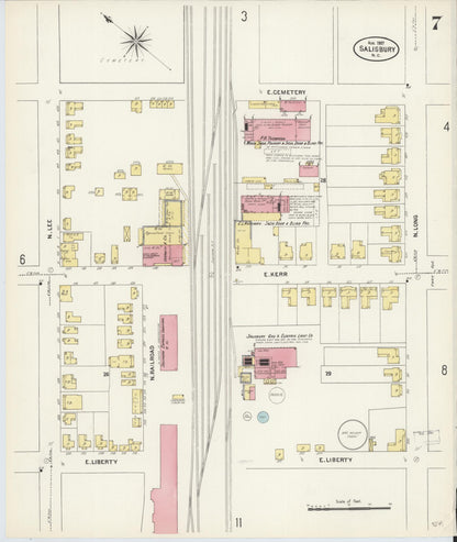 Sanborn Fire Insurance Map from Salisbury, Rowan County, North Carolina (1907), Sheet #0007 - Complete Map Set gallery image, historic Sanborn map, vintage wall art, North Carolina North Carolina