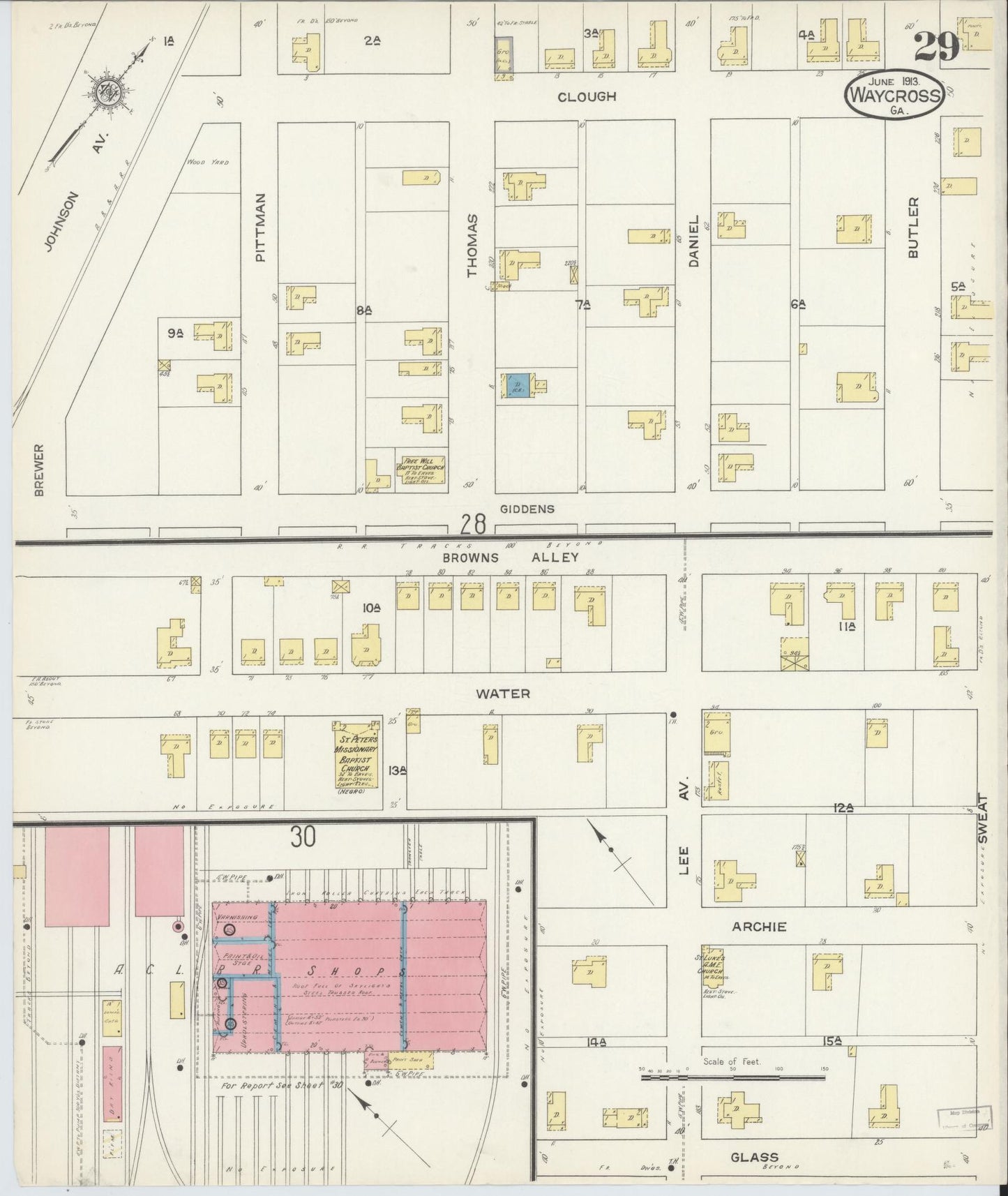Sanborn Fire Insurance Map from Waycross, Ware County, Georgia (1913), Sheet #0029 - Complete Map Set gallery image, historic Sanborn map, vintage wall art, Georgia Georgia
