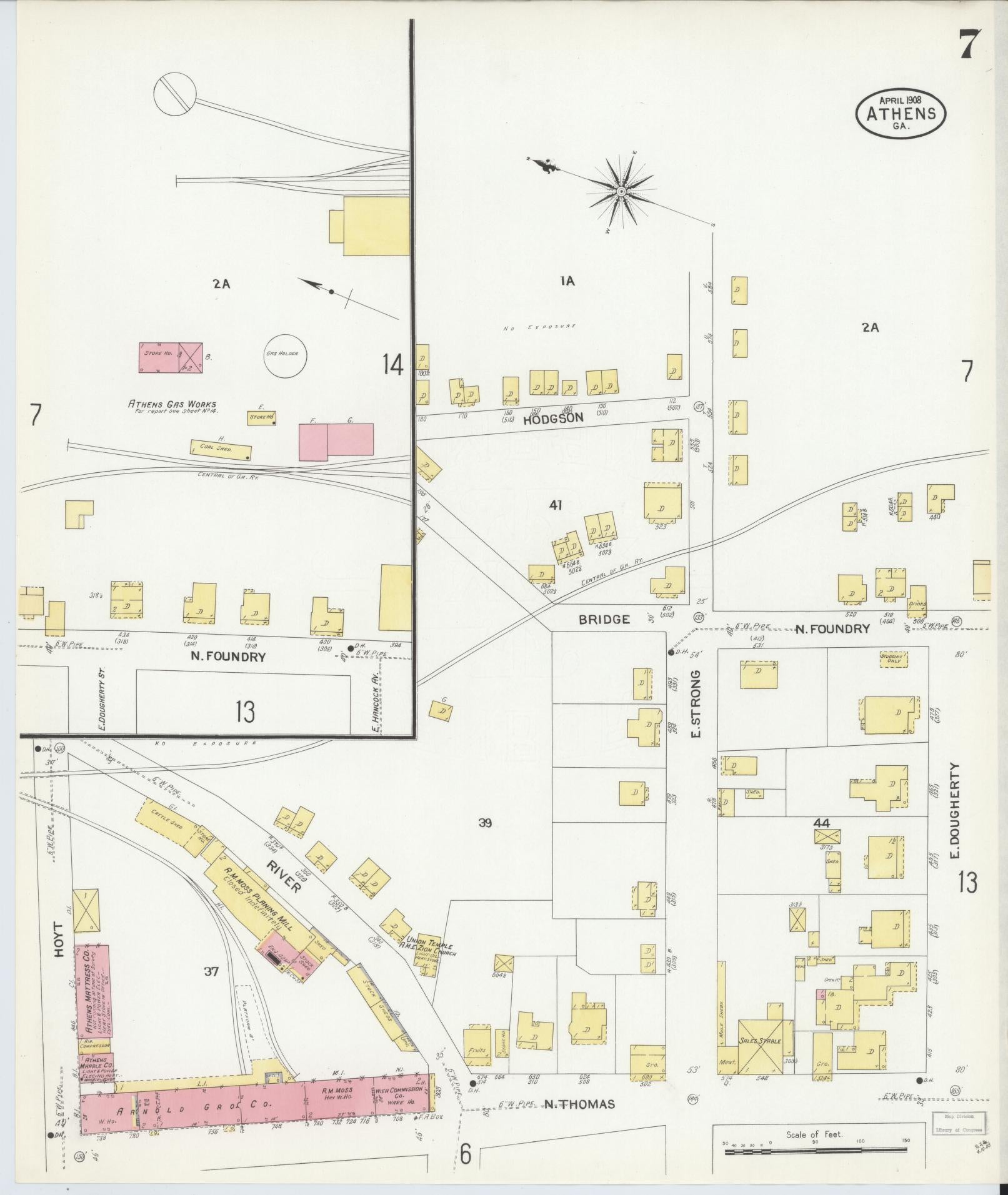 Sanborn Fire Insurance Map from Athens, Clarke County, Georgia (1908), Sheet #0007 - Complete Map Set gallery image, historic Sanborn map, vintage wall art, Georgia Georgia