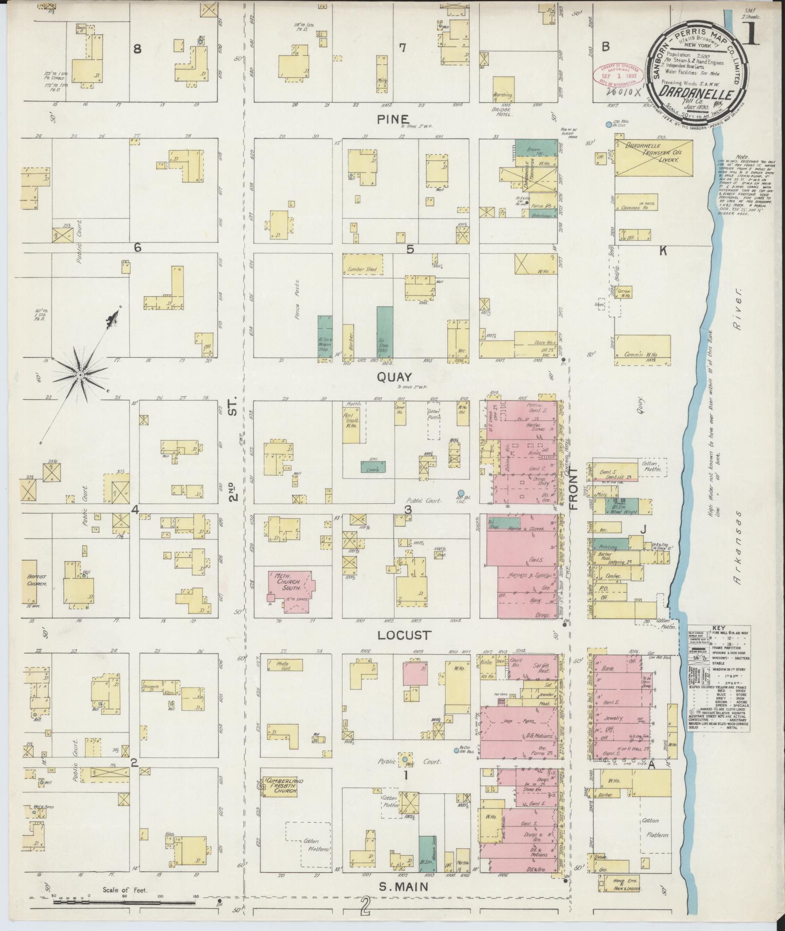 Sanborn Fire Insurance Map from Dardanelle, Yell County, Arkansas (1890), Sheet #0001 - Complete Map Set gallery image, historic Sanborn map, vintage wall art, Arkansas Arkansas