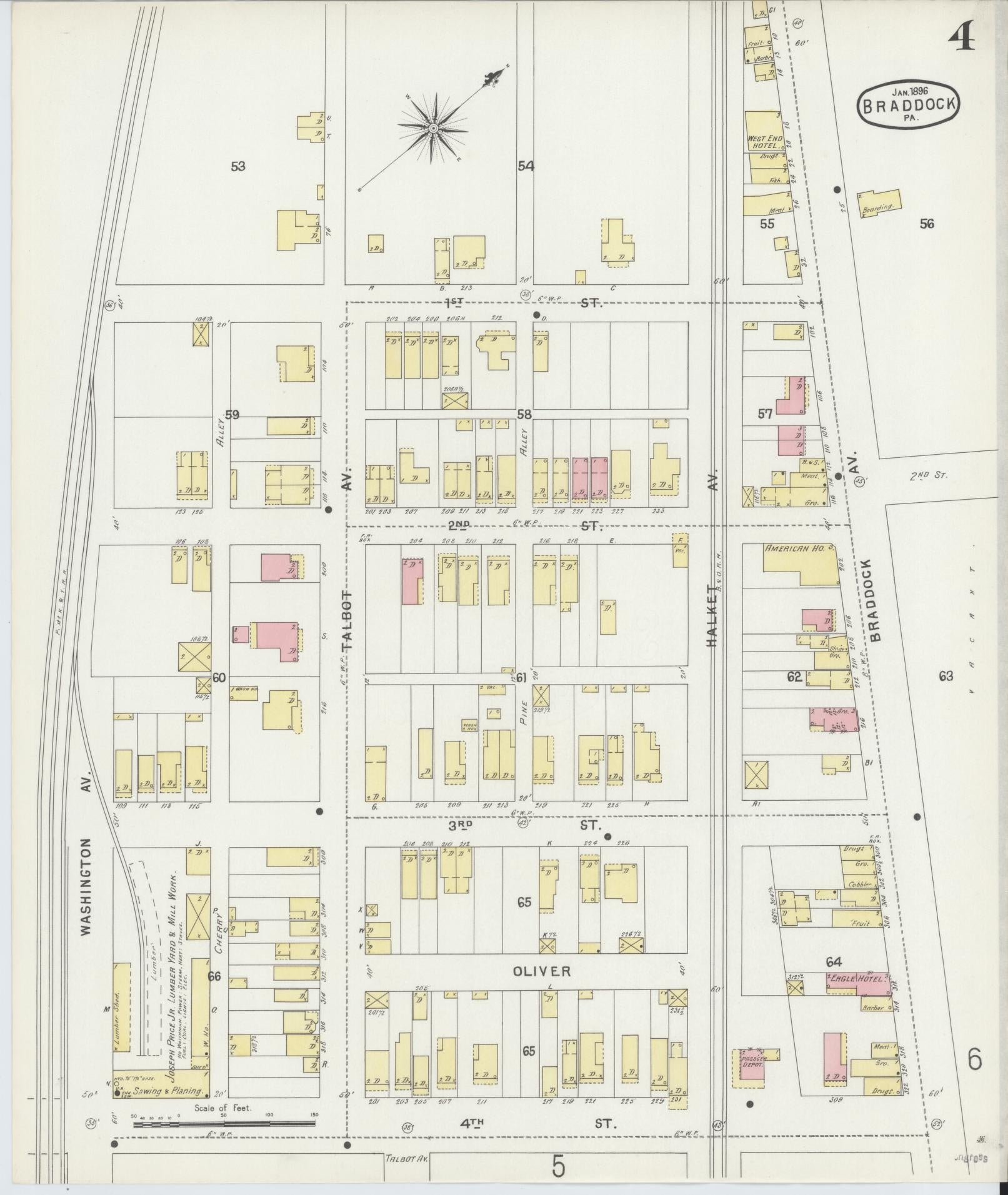 Sanborn Fire Insurance Map from Braddock, Allegheny County, Pennsylvania (1896), Sheet #0004 - Historic Sanborn Fire Insurance Map Print, vintage old map wall art, antique decor, genealogy gift, Pennsylvania Pennsylvania map