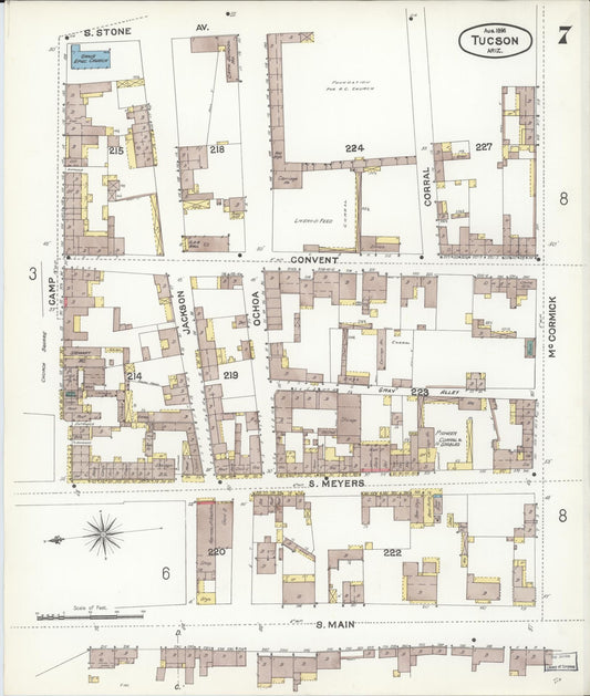 Sanborn Fire Insurance Map from Tucson, Pima County, Arizona (1896), Sheet #0007 - Historic Sanborn Fire Insurance Map Print, vintage old map wall art, antique decor, genealogy gift, Arizona Arizona map