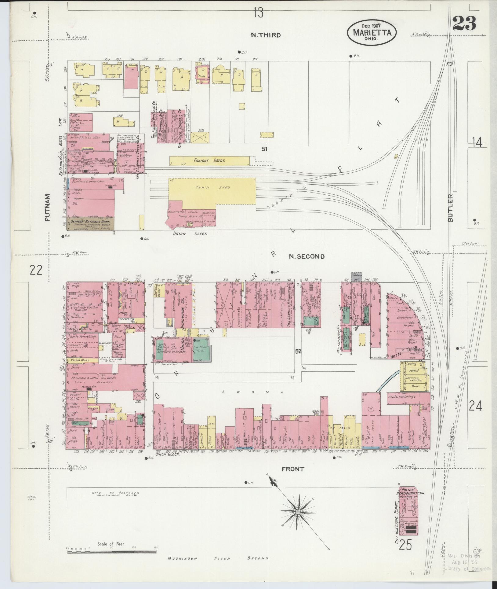 Sanborn Fire Insurance Map from Marietta, Washington County, Ohio (1907), Sheet #0023 - Historic Sanborn Fire Insurance Map Print, vintage old map wall art, antique decor, genealogy gift, Ohio Ohio map