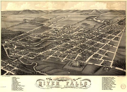 Bird's eye view of River Falls, Pierce County, Wisconsin, 1880. (1880) – Historic Bird’s-Eye View Panorama Print