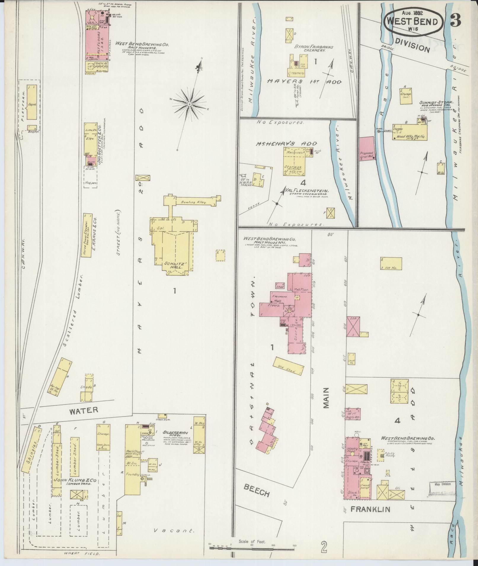 Sanborn Fire Insurance Map from West Bend, Washington County, Wisconsin (1892), Sheet #0003 - Complete Map Set gallery image, historic Sanborn map, vintage wall art, Wisconsin Wisconsin
