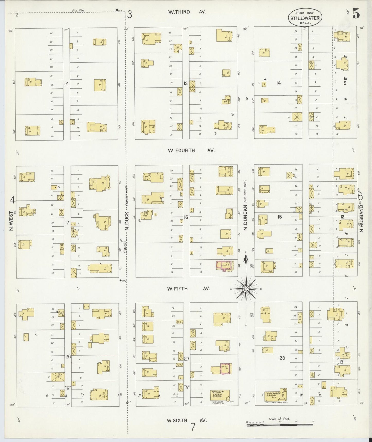 Sanborn Fire Insurance Map from Stillwater, Payne County, Oklahoma (1907), Sheet #0005 - Complete Map Set gallery image, historic Sanborn map, vintage wall art, Oklahoma Oklahoma