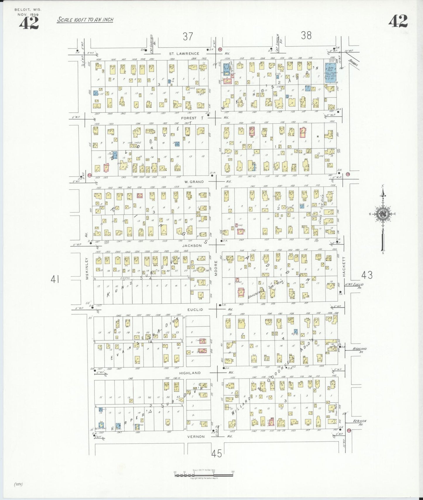 Sanborn Fire Insurance Map from Beloit, Rock County, Wisconsin (1939), Sheet #0042 - Complete Map Set gallery image, historic Sanborn map, vintage wall art, Wisconsin Wisconsin