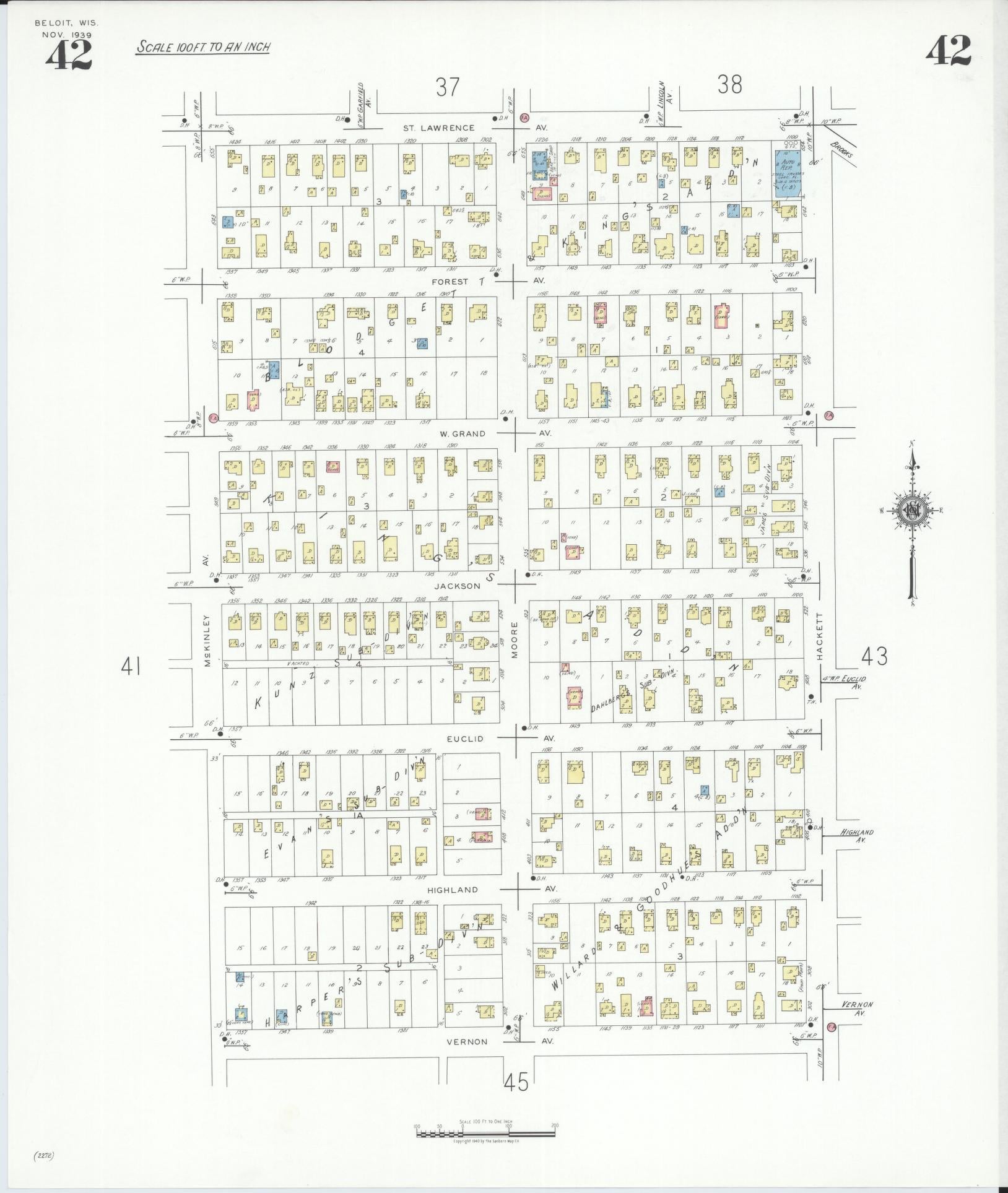 Sanborn Fire Insurance Map from Beloit, Rock County, Wisconsin (1939), Sheet #0042 - Complete Map Set gallery image, historic Sanborn map, vintage wall art, Wisconsin Wisconsin