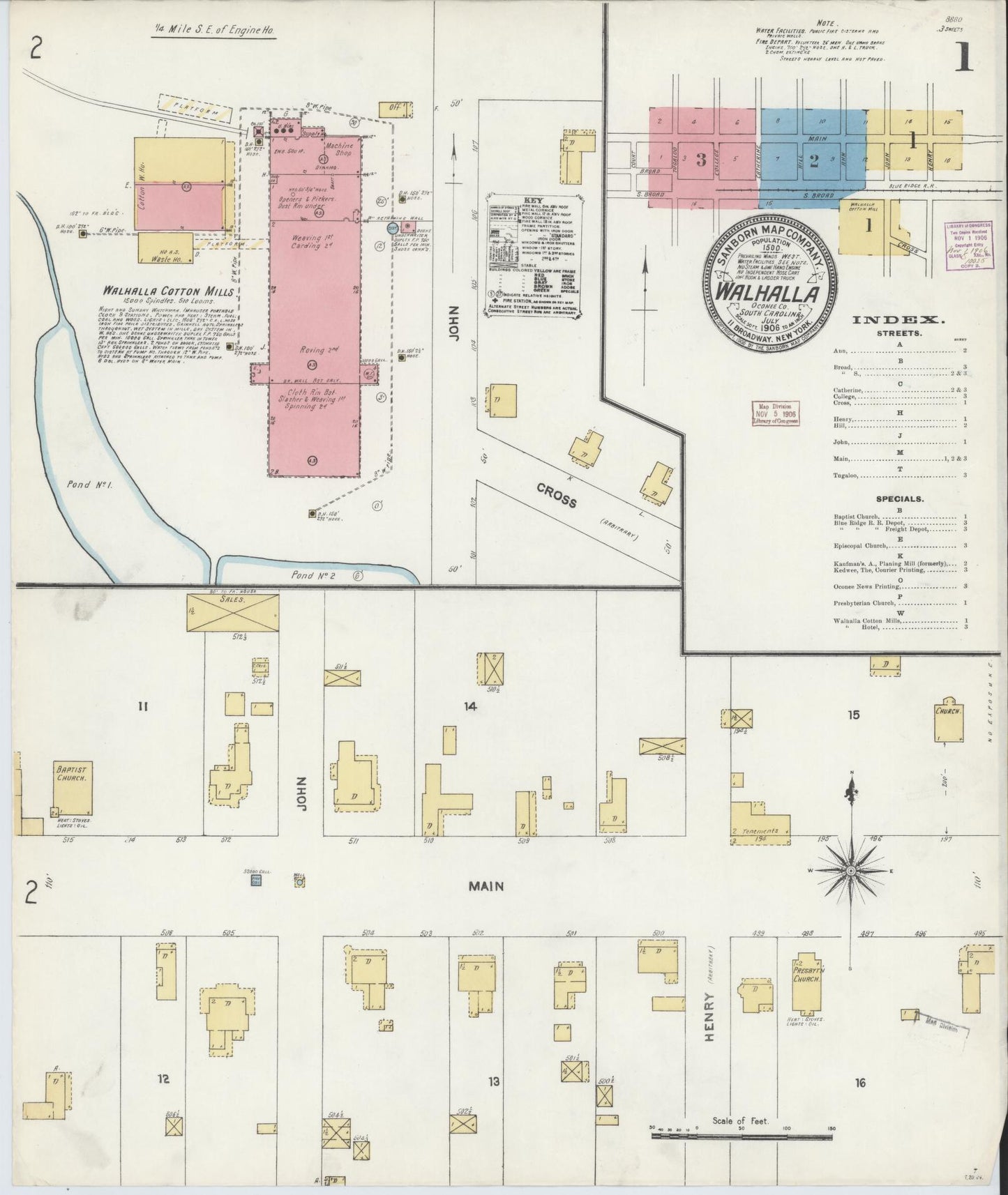 Sanborn Fire Insurance Map from Walhalla, Oconee County, South Carolina (1906), Sheet #0001 - Complete Map Set gallery image, historic Sanborn map, vintage wall art, South Carolina South Carolina