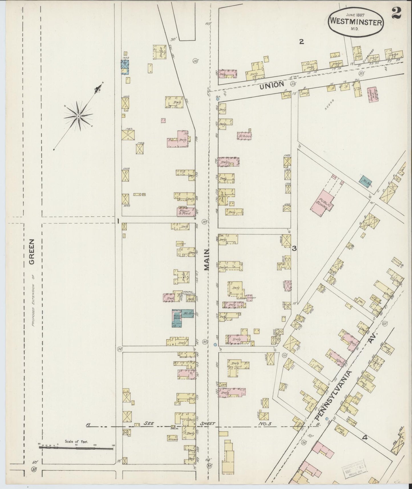 Sanborn Fire Insurance Map from Westminster, Carroll County, Maryland (1887), Sheet #0002 - Historic Sanborn Fire Insurance Map Print, vintage old map wall art