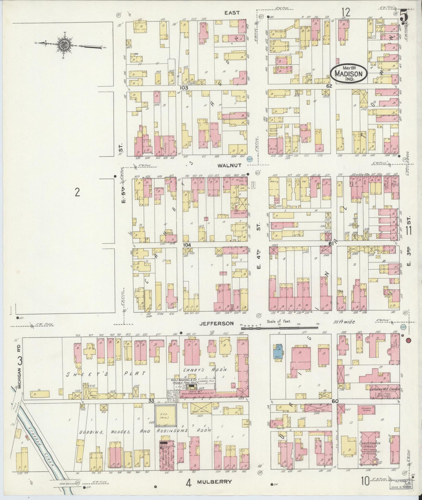Sanborn Fire Insurance Map from Madison, Jefferson County, Indiana (1911), Sheet #0005 - Historic Sanborn Fire Insurance Map Print, vintage old map wall art, antique decor, genealogy gift, Indiana Indiana map