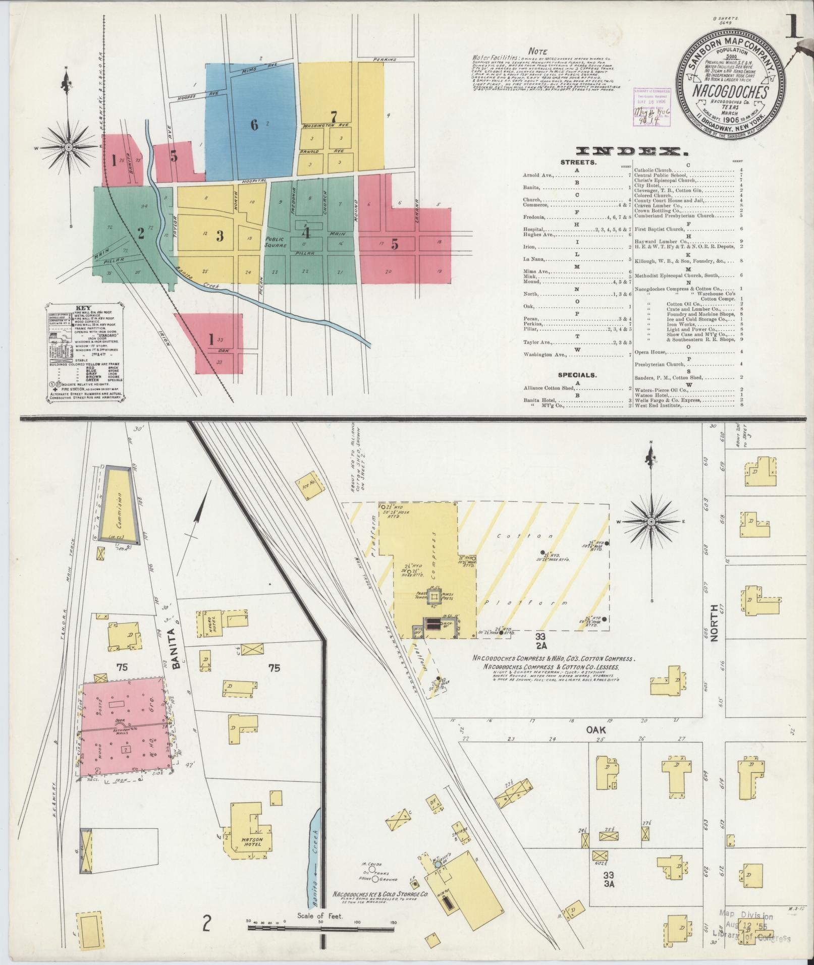 Sanborn Fire Insurance Map from Nacogdoches, Nacogdoches County, Texas (1906), Sheet #0001 - Historic Sanborn Fire Insurance Map Print, vintage old map wall art, antique decor, genealogy gift, Texas Texas map