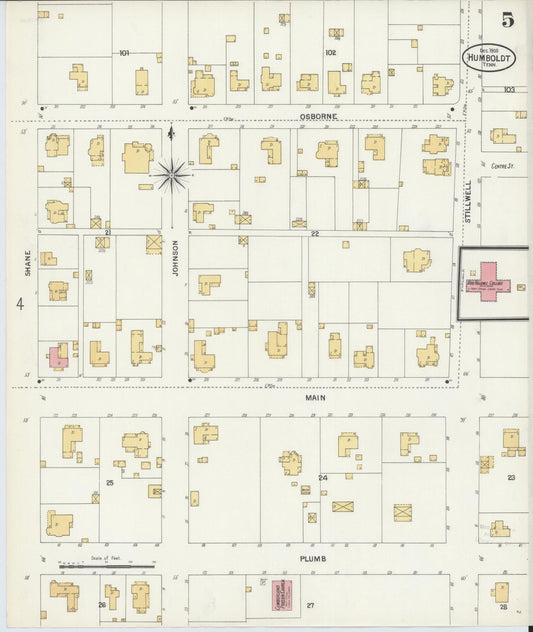 Sanborn Fire Insurance Map from Humboldt, Gibson County, Tennessee (1900), Sheet #0005 - Historic Sanborn Fire Insurance Map Print, vintage old map wall art, antique decor, genealogy gift, Tennessee Tennessee map