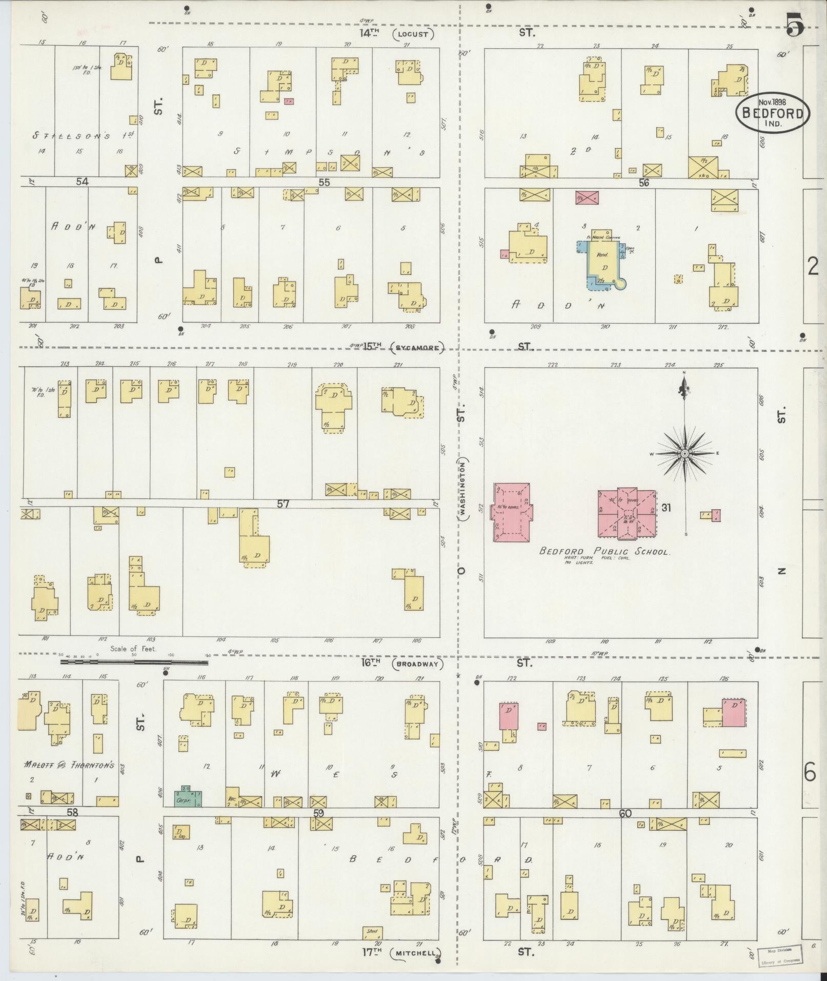 Sanborn Fire Insurance Map from Bedford, Lawrence County, Indiana (1898), Sheet #0005 - Historic Sanborn Fire Insurance Map Print, vintage old map wall art, antique decor, genealogy gift, Indiana Indiana map