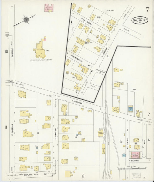 Sanborn Fire Insurance Map from Salisbury, Wicomico County, Maryland (1911), Sheet #0007 - Historic Sanborn Fire Insurance Map Print, vintage old map wall art, antique decor, genealogy gift, Maryland Maryland map