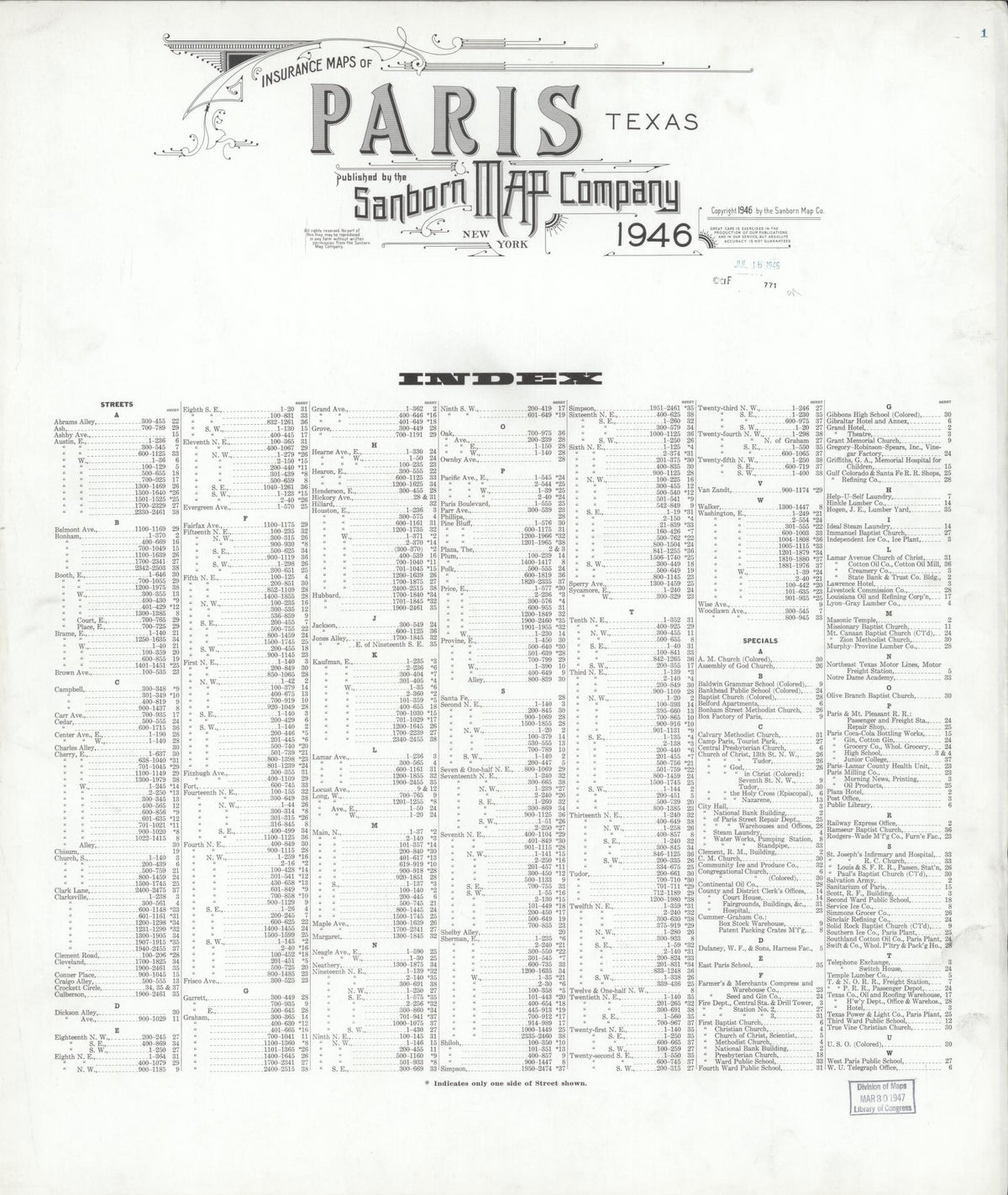 Sanborn Fire Insurance Map from Paris, Lamar County, Texas (1946), Sheet #0001 - Historic Sanborn Fire Insurance Map Print, vintage old map wall art, antique decor, genealogy gift, Texas Texas map