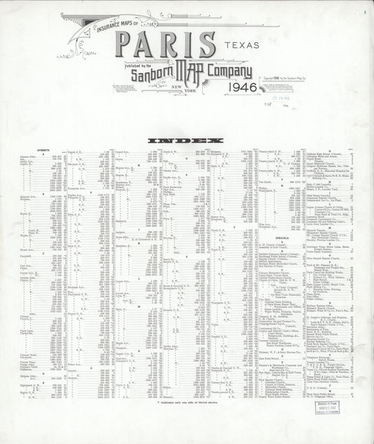 Sanborn Fire Insurance Map from Paris, Lamar County, Texas (1946), Sheet #0001 - Historic Sanborn Fire Insurance Map Print, vintage old map wall art, antique decor, genealogy gift, Texas Texas map