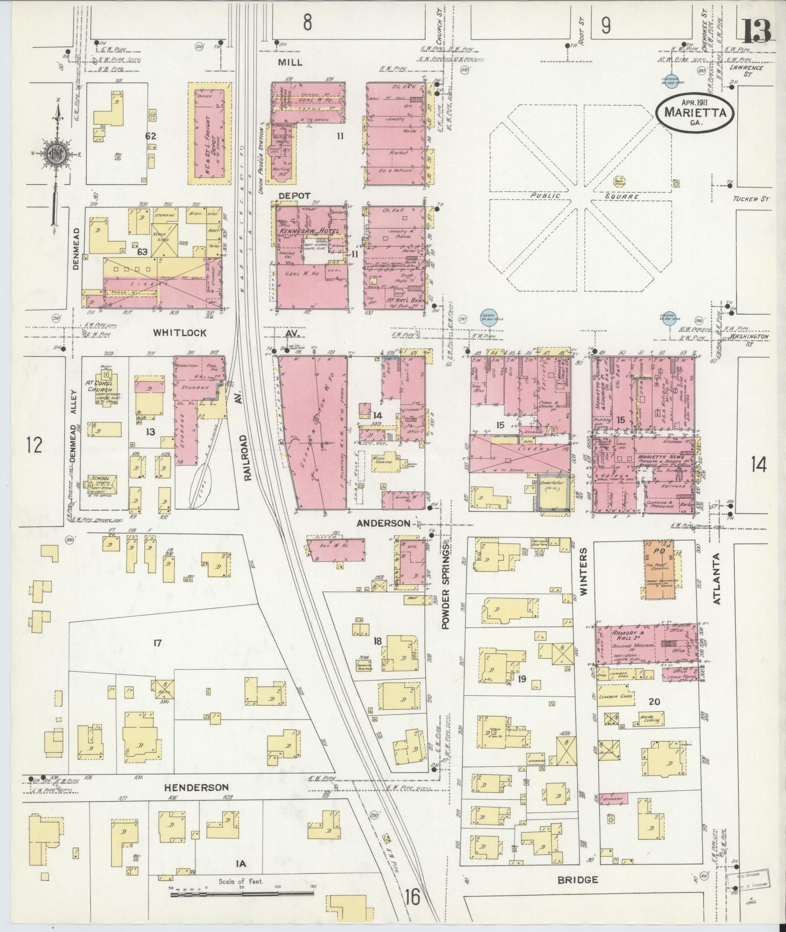 Sanborn Fire Insurance Map from Marietta, Cobb County, Georgia (1911), Sheet #0013 - Complete Map Set gallery image, historic Sanborn map, vintage wall art, Georgia Georgia
