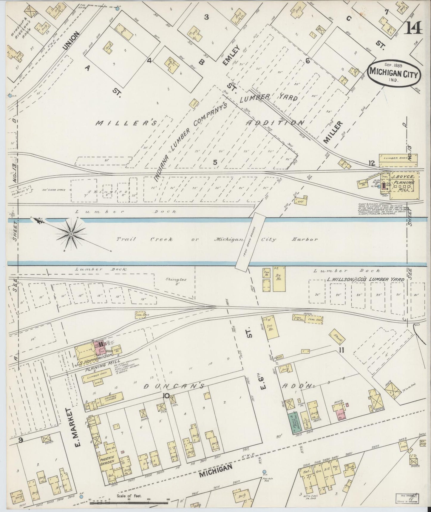 Sanborn Fire Insurance Map from Michigan City, La Porte County, Indiana (1889), Sheet #0014 - Complete Map Set gallery image, historic Sanborn map, vintage wall art, Michigan Michigan