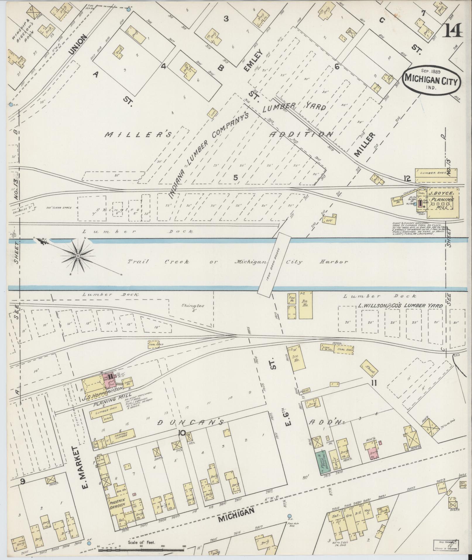 Sanborn Fire Insurance Map from Michigan City, La Porte County, Indiana (1889), Sheet #0014 - Complete Map Set gallery image, historic Sanborn map, vintage wall art, Michigan Michigan