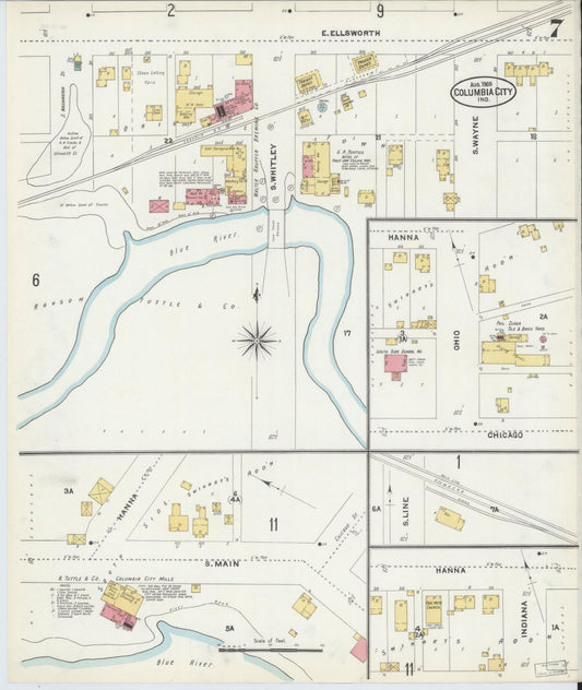 Sanborn Fire Insurance Map from Columbia City, Whitley County, Indiana (1905), Sheet #0007 - Historic Sanborn Fire Insurance Map Print, vintage old map wall art, antique decor, genealogy gift, Indiana Indiana map