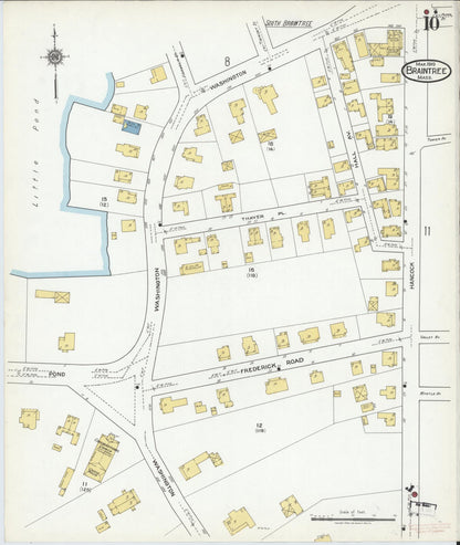 Sanborn Fire Insurance Map from Braintree, Norfolk County, Massachusetts (1919), Sheet #0010 - Historic Sanborn Fire Insurance Map Print, vintage old map wall art, antique decor, genealogy gift, Massachusetts Massachusetts map