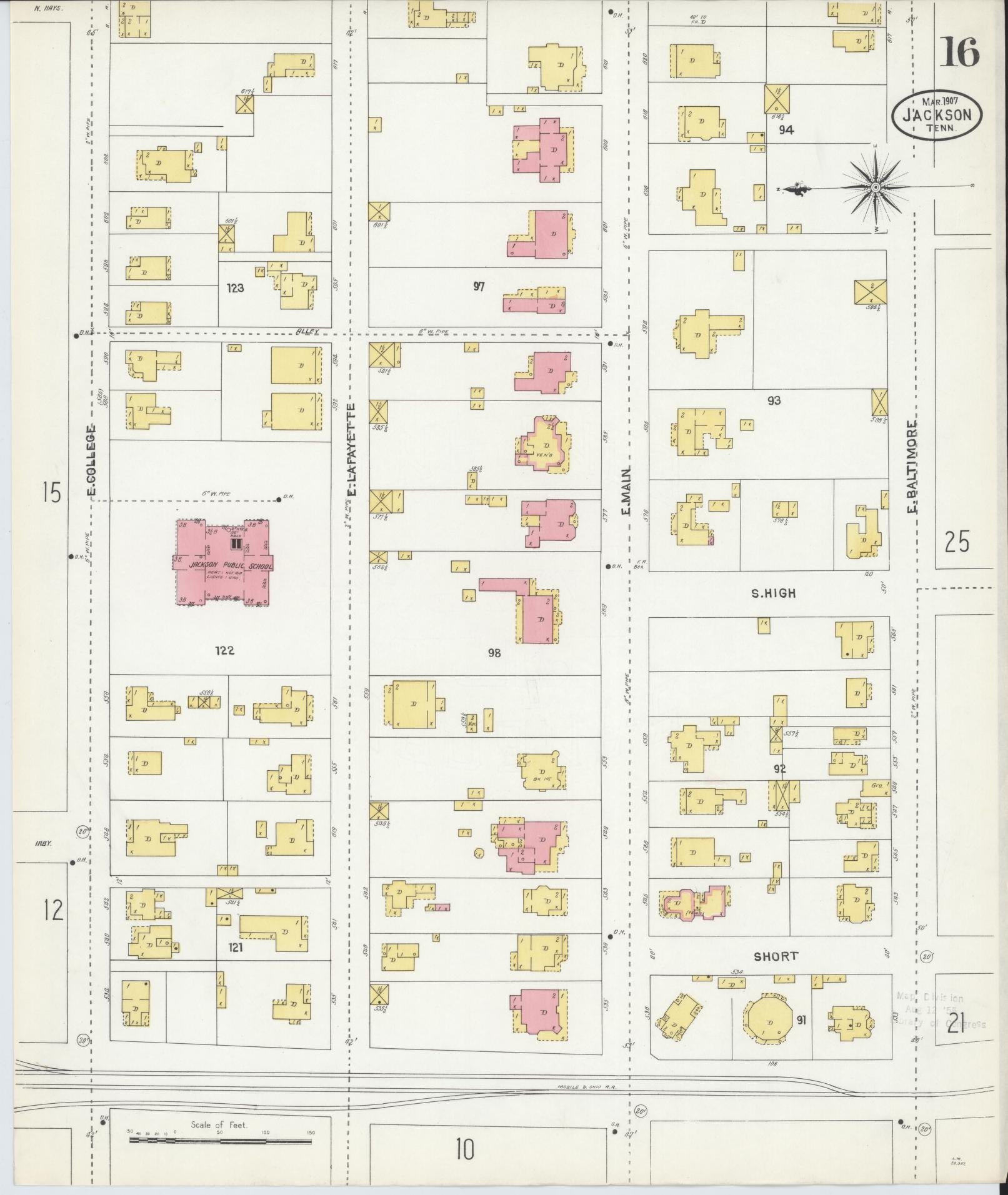 Sanborn Fire Insurance Map from Jackson, Madison County, Tennessee (1907), Sheet #0016 - Complete Map Set gallery image, historic Sanborn map, vintage wall art, Tennessee Tennessee