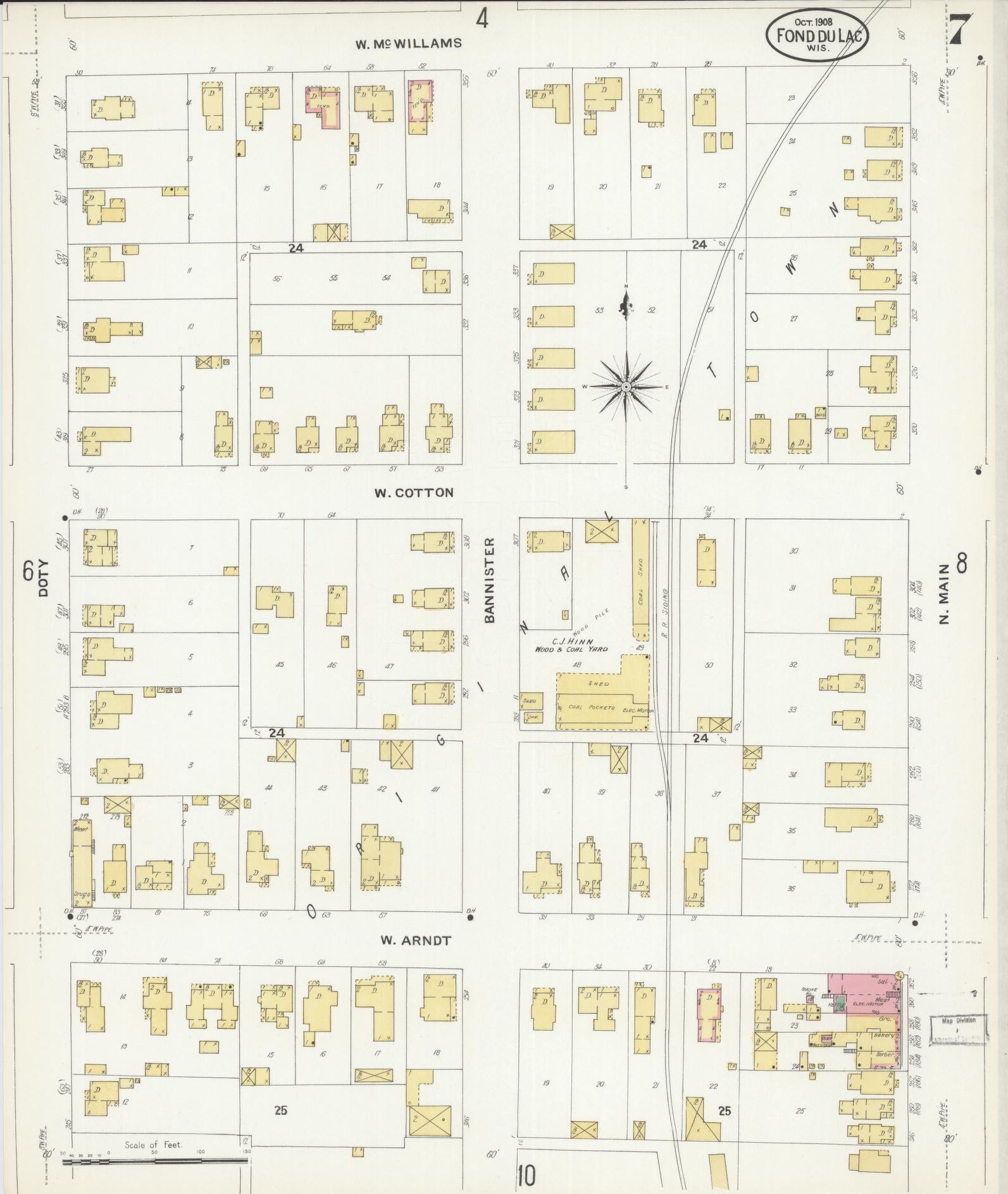 Sanborn Fire Insurance Map from Fond du Lac, Fond du Lac County, Wisconsin (1908), Sheet #0007 - Complete Map Set gallery image, historic Sanborn map, vintage wall art, Wisconsin Wisconsin