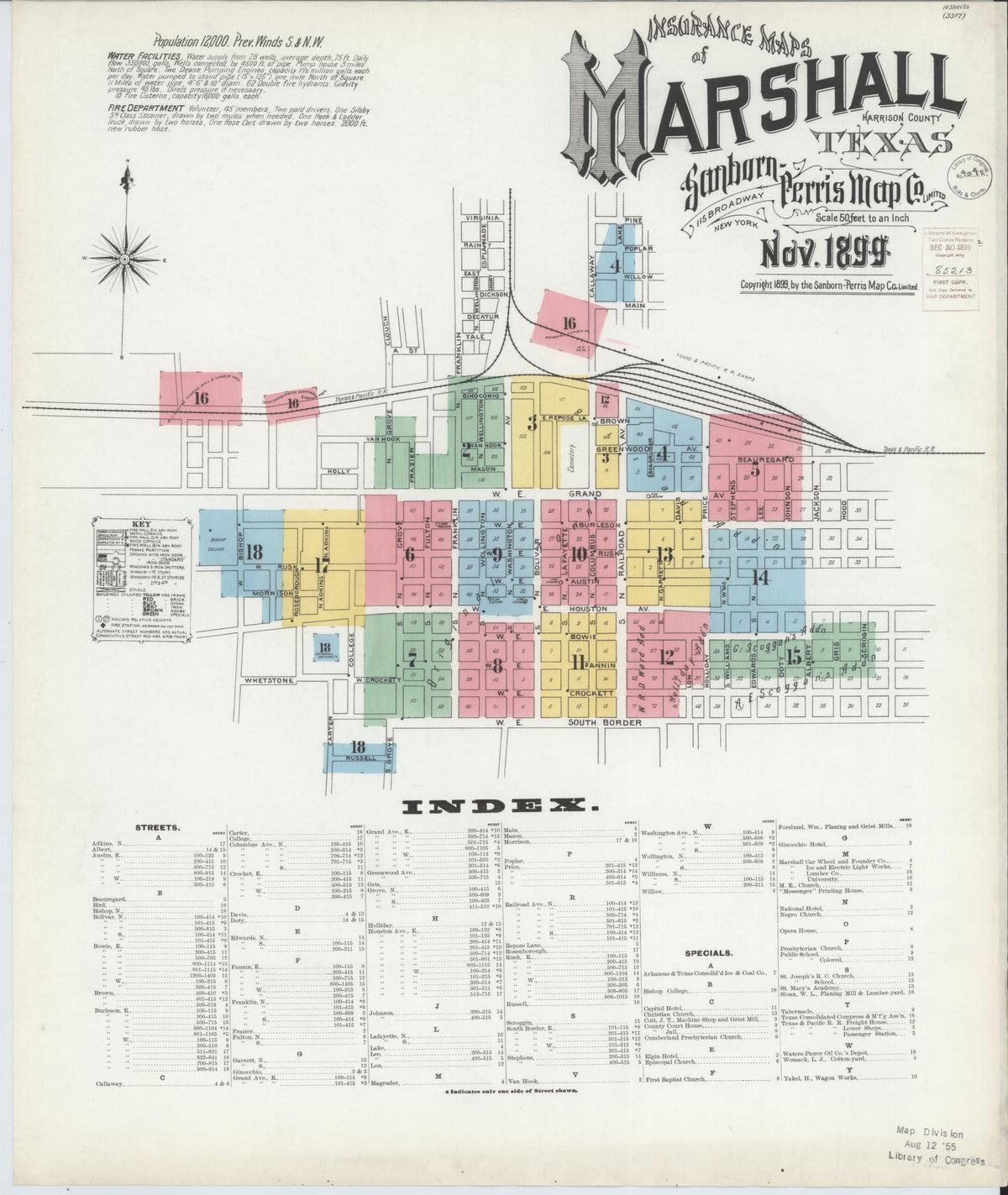 Sanborn Fire Insurance Map from Marshall, Harrison County, Texas (1899), Sheet #0001 - Complete Map Set gallery image, historic Sanborn map, vintage wall art, Texas Texas