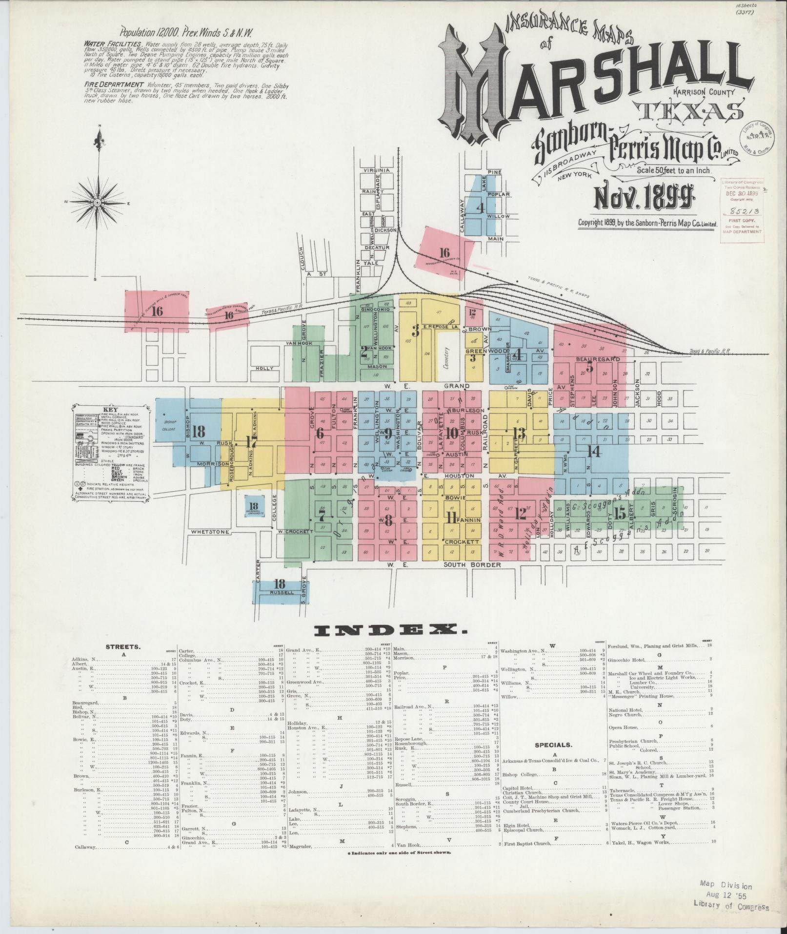 Sanborn Fire Insurance Map from Marshall, Harrison County, Texas (1899), Sheet #0001 - Complete Map Set gallery image, historic Sanborn map, vintage wall art, Texas Texas