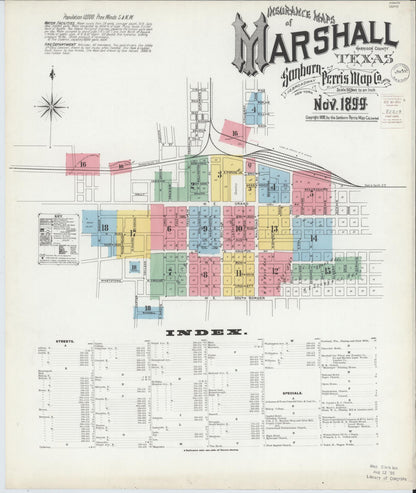 Sanborn Fire Insurance Map from Marshall, Harrison County, Texas (1899), Sheet #0001 - Complete Map Set gallery image, historic Sanborn map, vintage wall art, Texas Texas