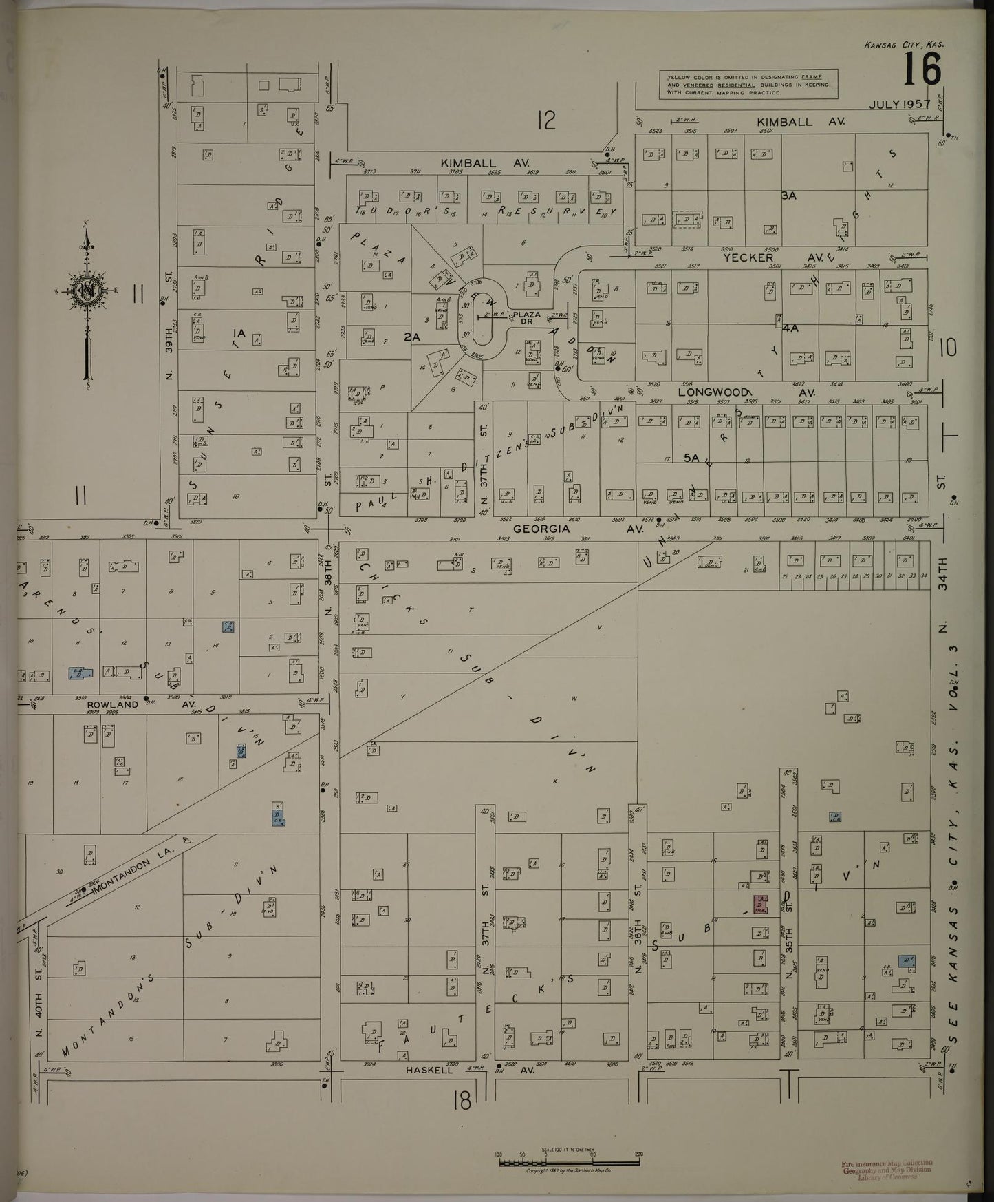 Sanborn Fire Insurance Map from Kansas City, Wyandotte County, Kansas (1957), Sheet #0016 - Complete Map Set gallery image, historic Sanborn map, vintage wall art, Kansas Kansas