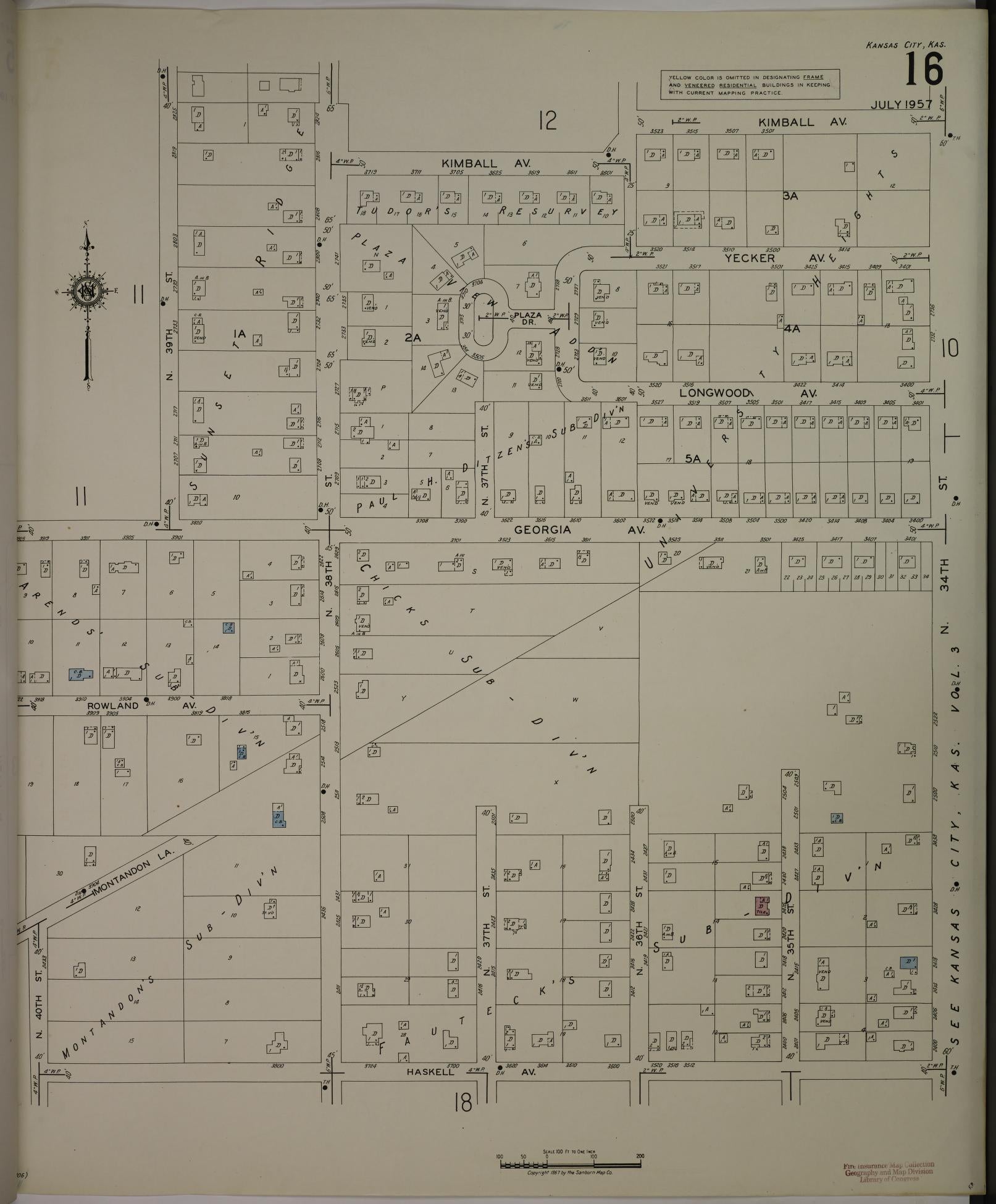 Sanborn Fire Insurance Map from Kansas City, Wyandotte County, Kansas (1957), Sheet #0016 - Complete Map Set gallery image, historic Sanborn map, vintage wall art, Kansas Kansas