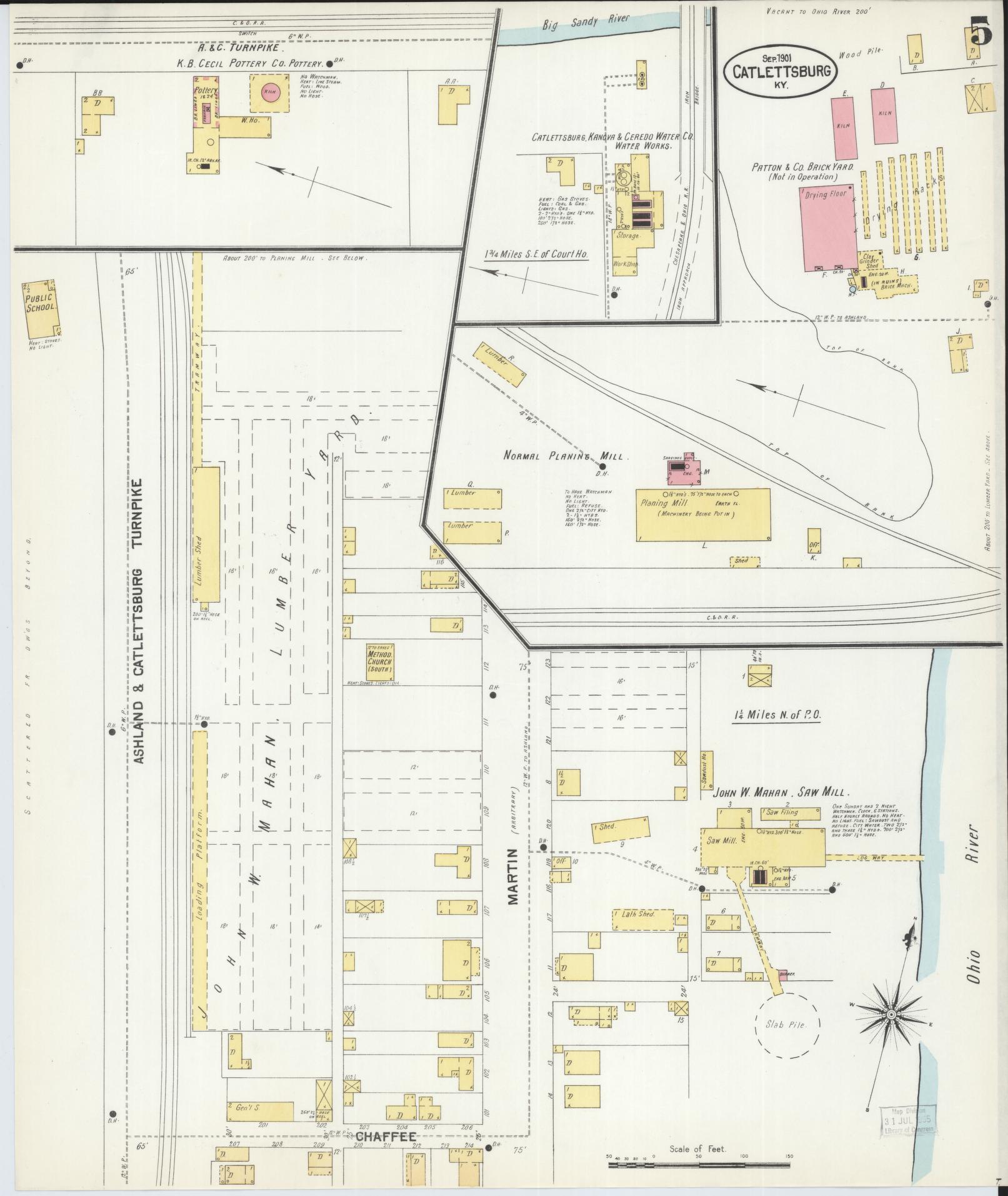 Sanborn Fire Insurance Map from Catlettsburg, Boyd County, Kentucky (1901), Sheet #0005 - Historic Sanborn Fire Insurance Map Print, vintage old map wall art, antique decor, genealogy gift, Kentucky Kentucky map
