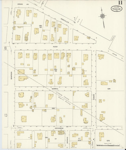 Sanborn Fire Insurance Map from Yoakum, De Witt And Lavaca Counties, Texas (1912), Sheet #0011 - Historic Sanborn Fire Insurance Map Print, vintage old map wall art, antique decor, genealogy gift, Texas Texas map