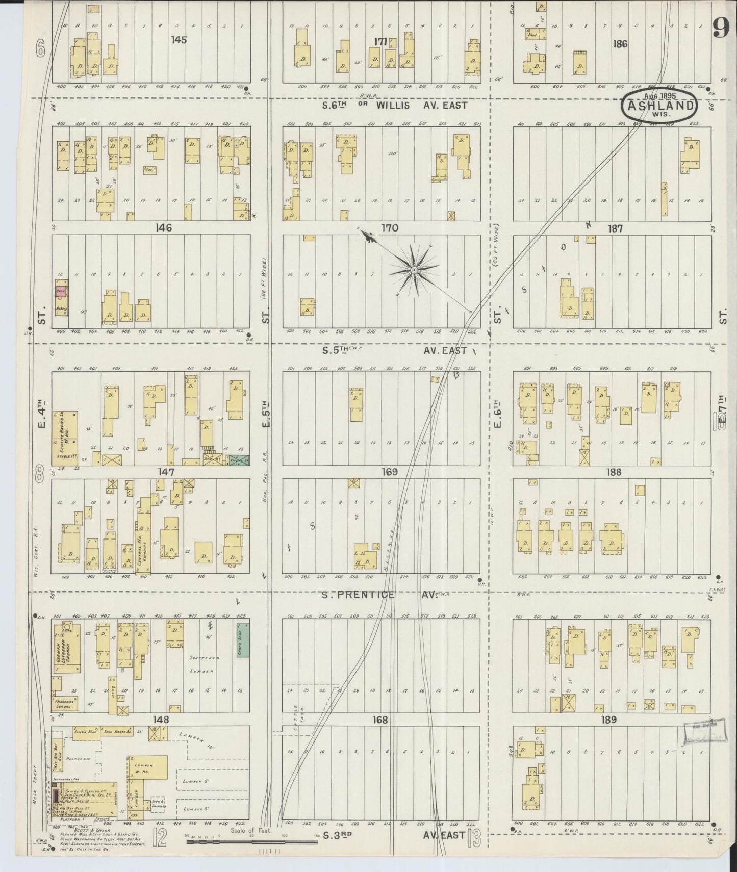 Sanborn Fire Insurance Map from Ashland, Ashland County, Wisconsin (1895), Sheet #0009 - Historic Sanborn Fire Insurance Map Print, vintage old map wall art, antique decor, genealogy gift, Wisconsin Wisconsin map